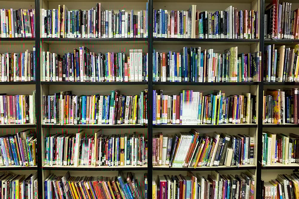 Multiple shelves of books in a library