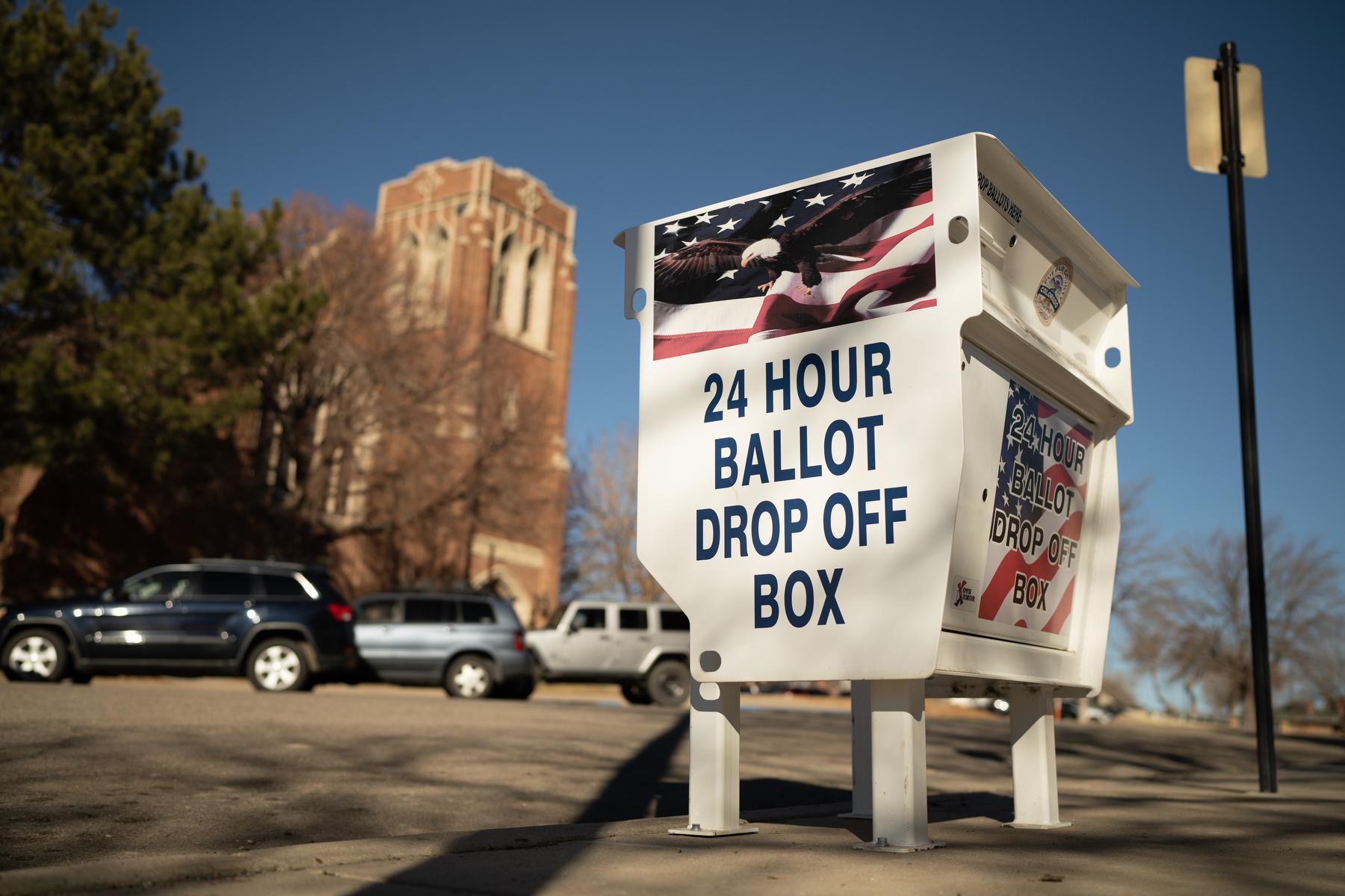 A ballot drop box outside the Pueblo County Courthouse