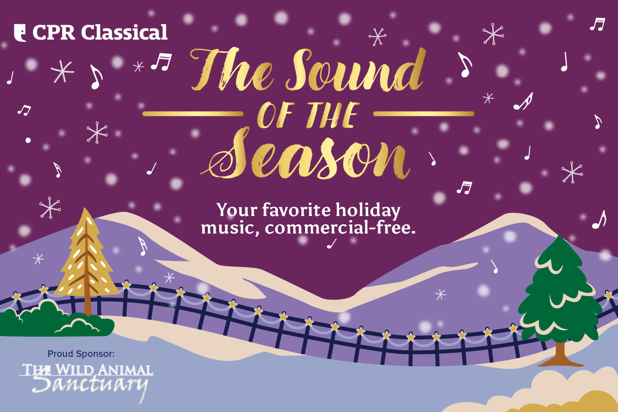 A wintery scene of snow covered hills and a wooden fence. The words say: The Sound of the Season. Your favorite holiday music, commercial free.