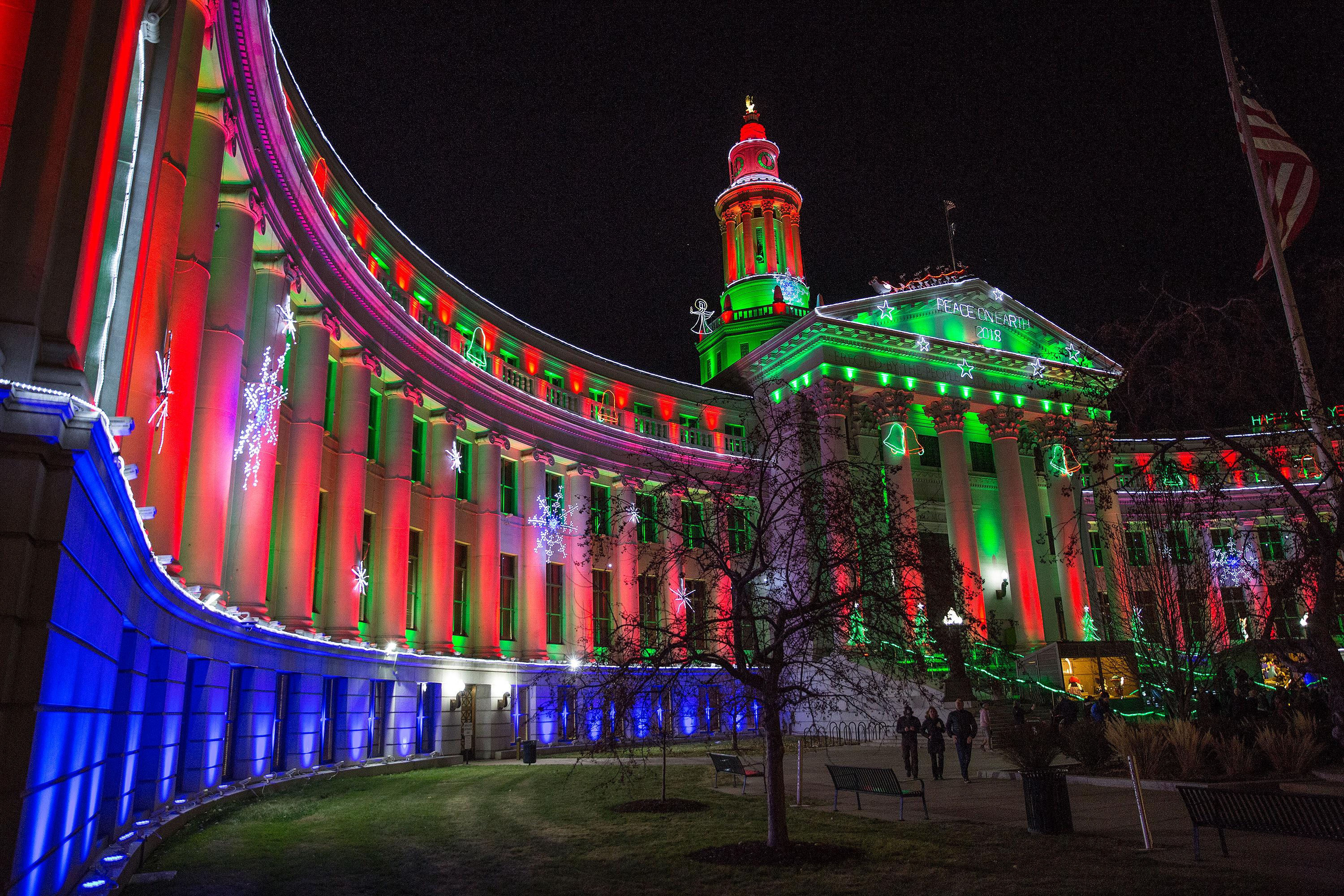 Holiday lights on Denver's City and County Building in December 2018.