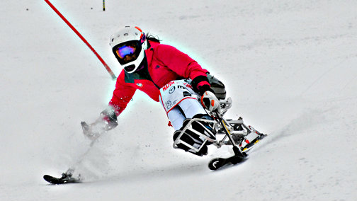Photo: Alana Nichols competing in the 2014 Wells Fargo Cup sit ski race