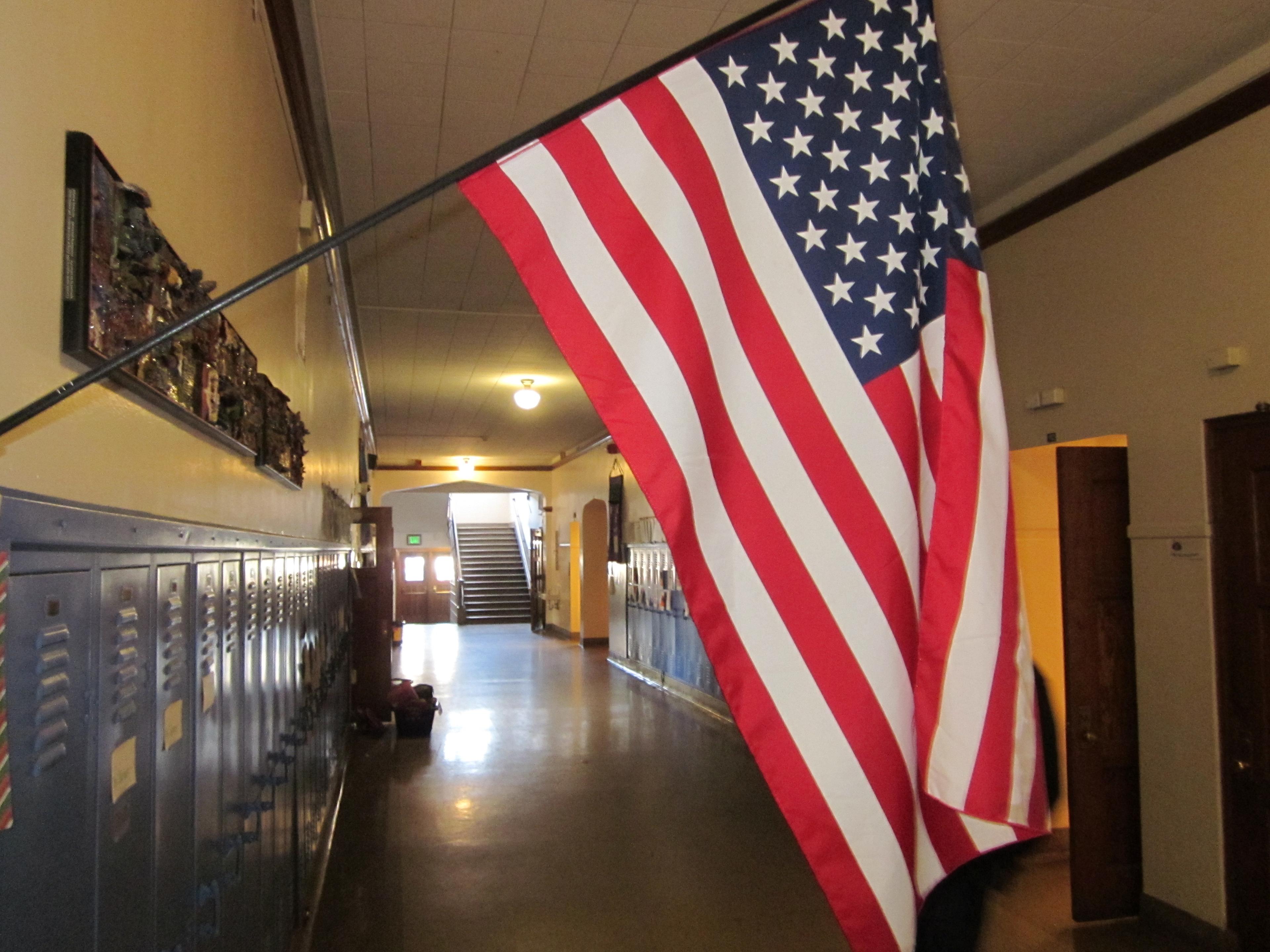 Photo: School hallway, flag