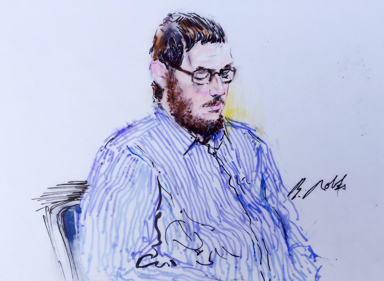 Photo: James Holmes sketch, looking down, Aurora theater shooting trial