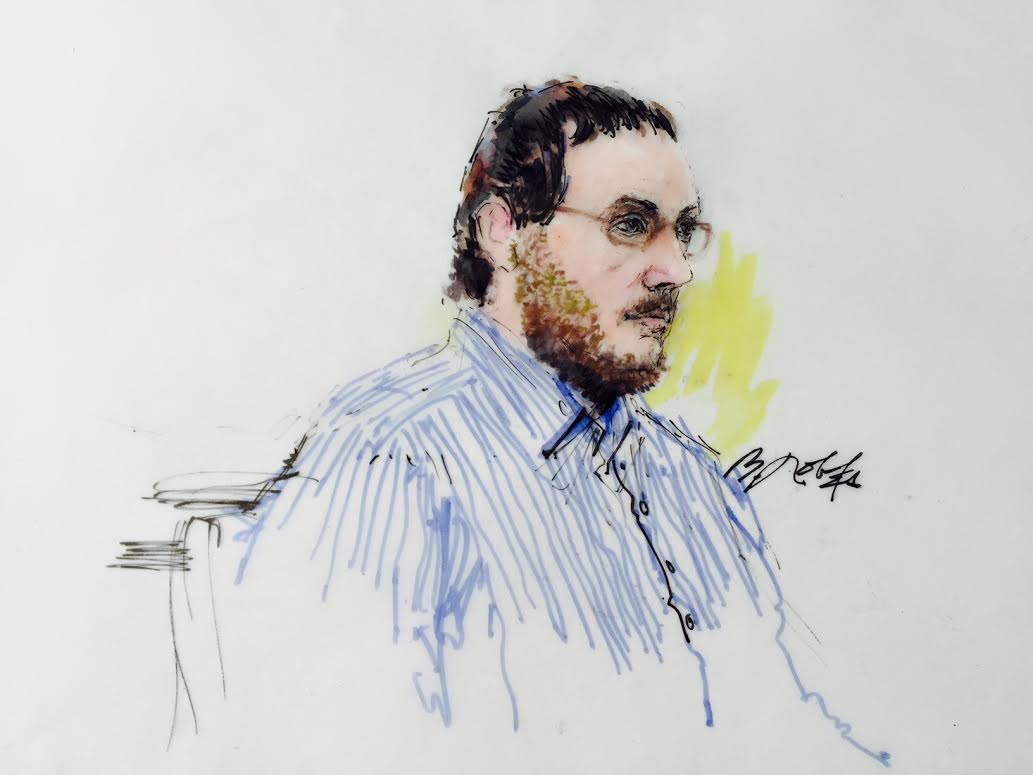 Photo: James Holmes sketch, facing right, Aurora theater shooting trial