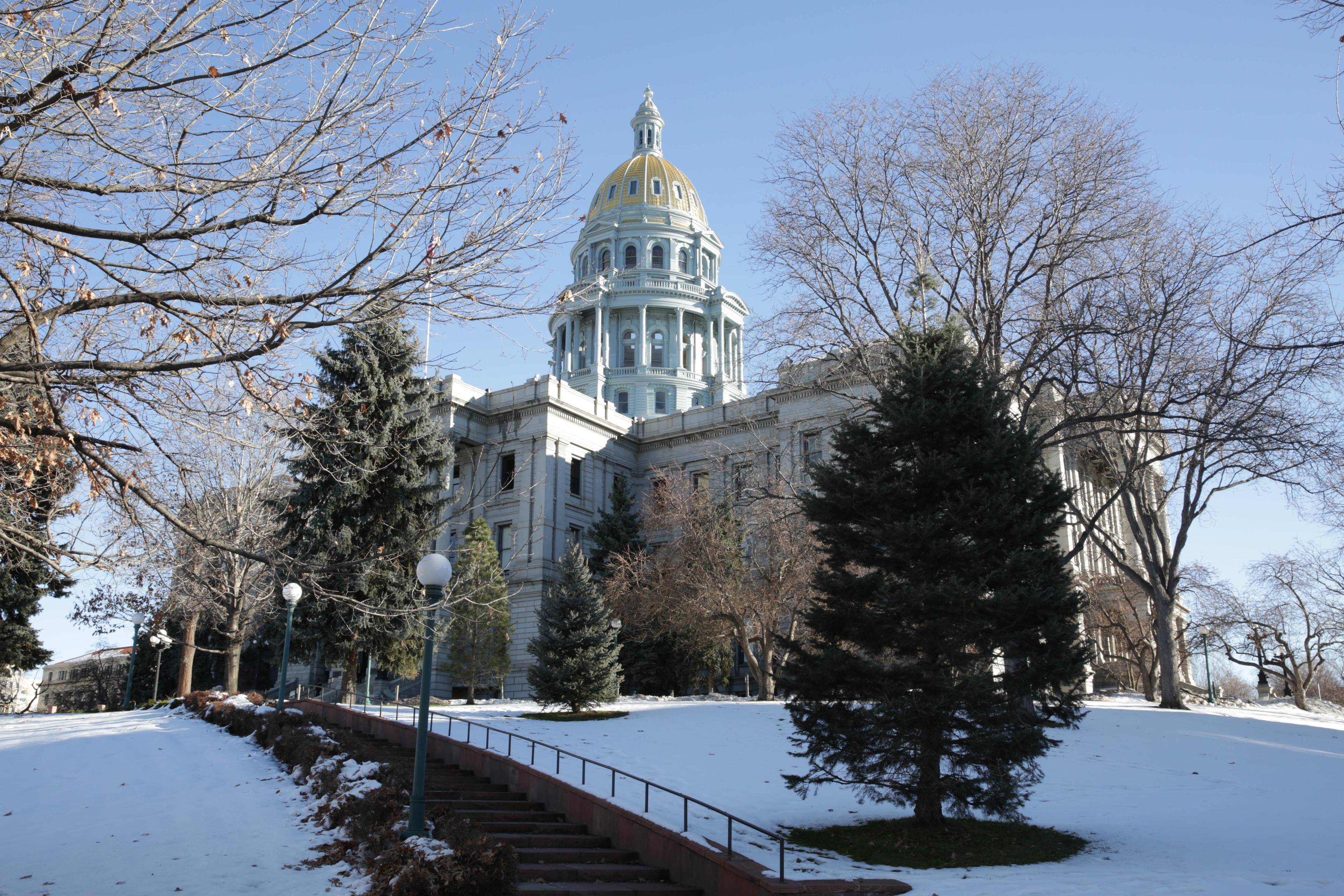 Photo: Colorado State House, State Capitol, December 2015, Southwest Corner, Side, Snow