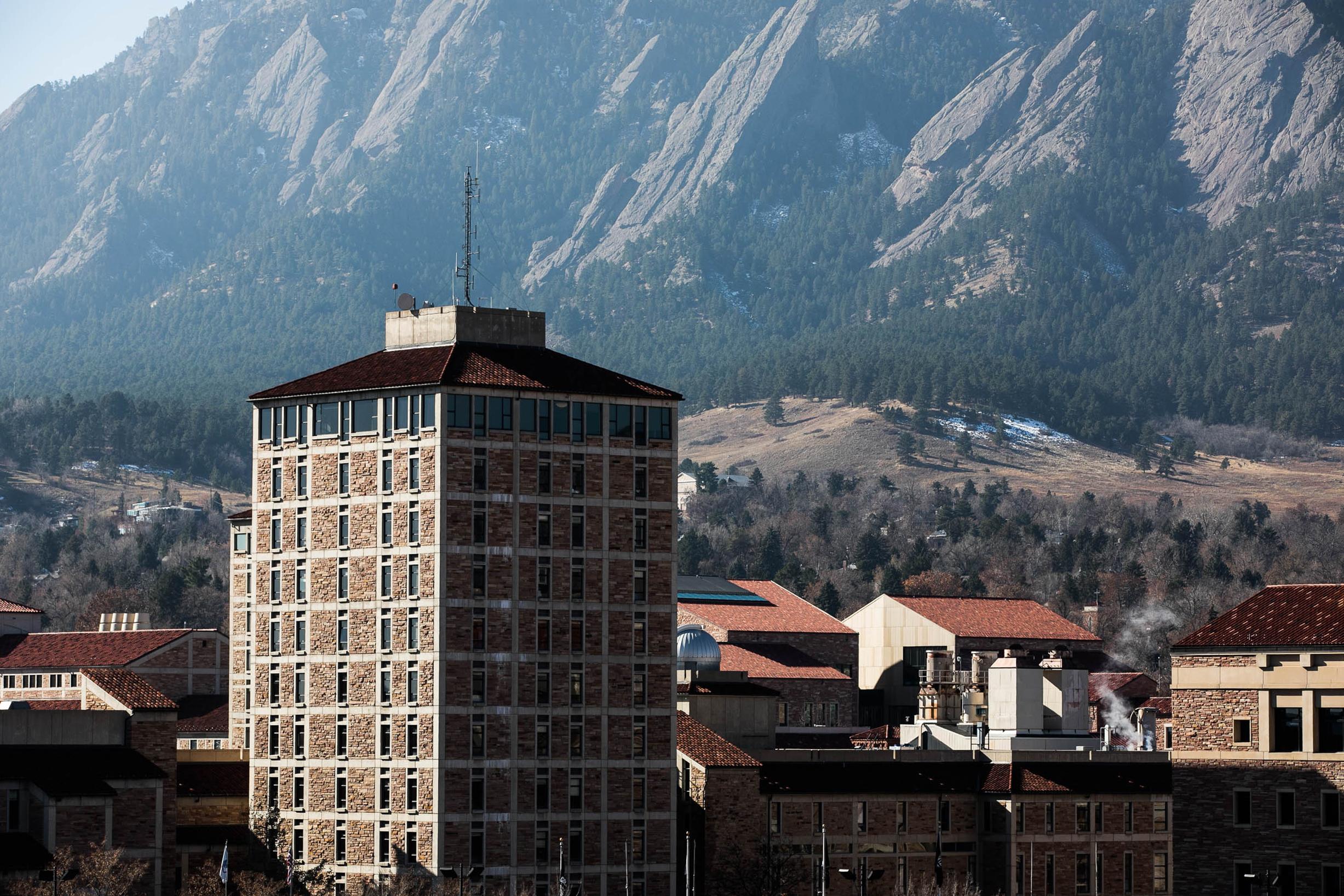 The CU Boulder campus, with the Flatirons in the background