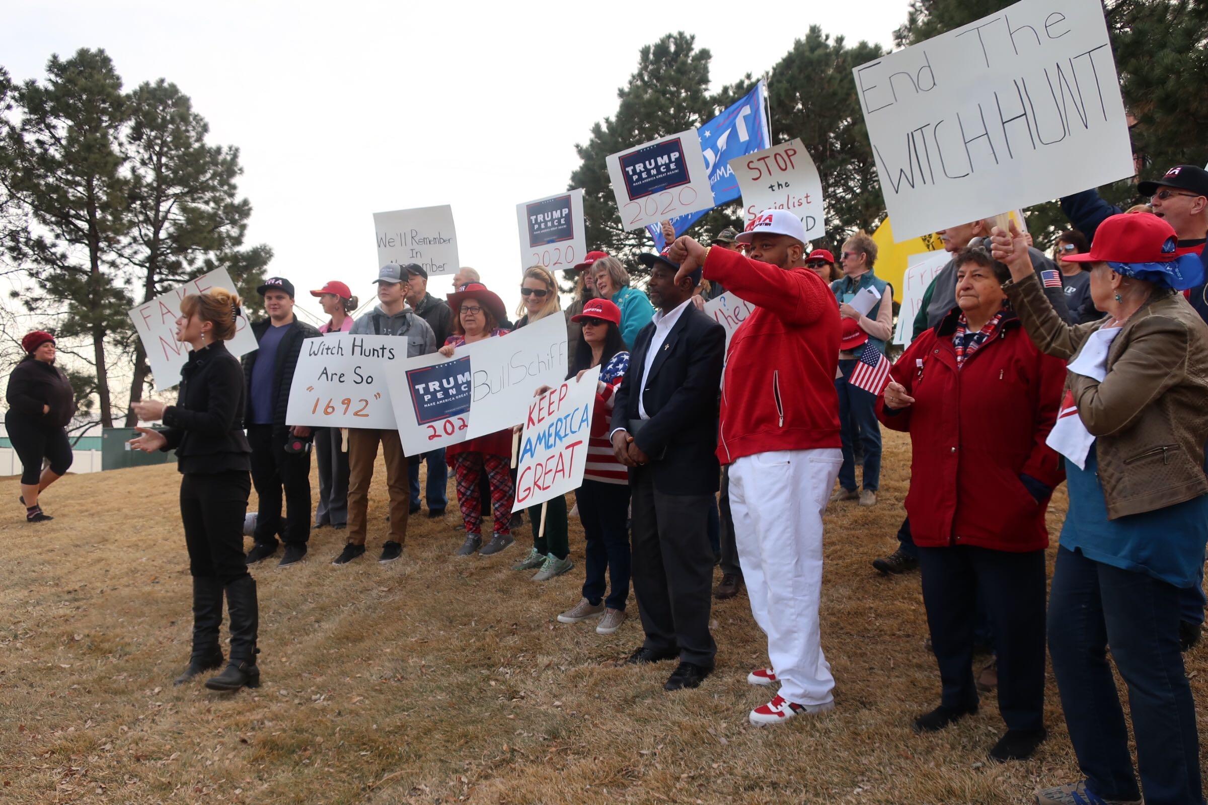 Colorado's GOP Vice Chair Kristi Burton Brown and Colorado and supporters of President Trump rally outside Rep. Jason Crow's Aurora office for an anti-impeachment protest on Friday, Jan. 24, 2020.
