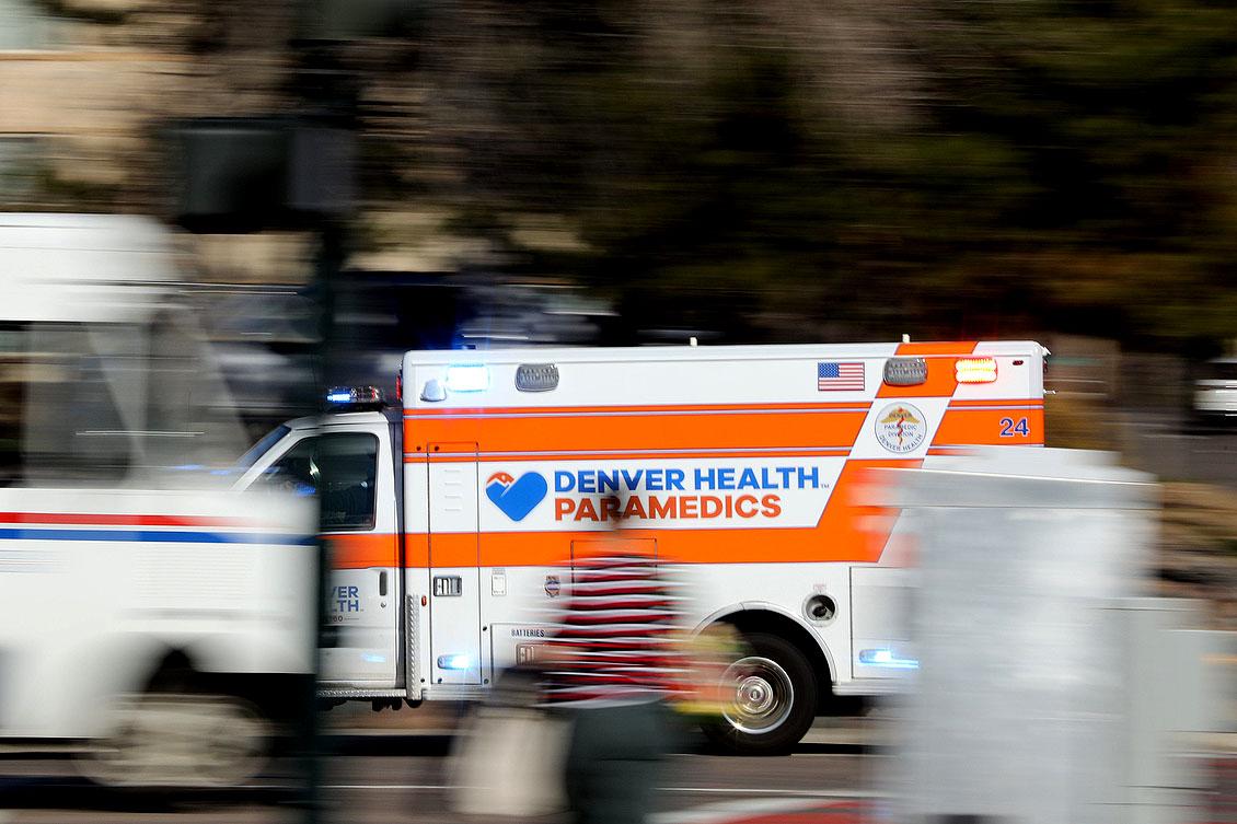 Denver Health Paramedics ambulance on Colorado Boulevard.