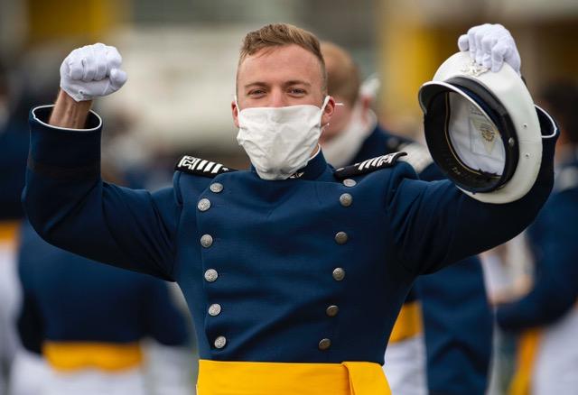 Cadet celebrates at the Air Force Academy graduation 2020