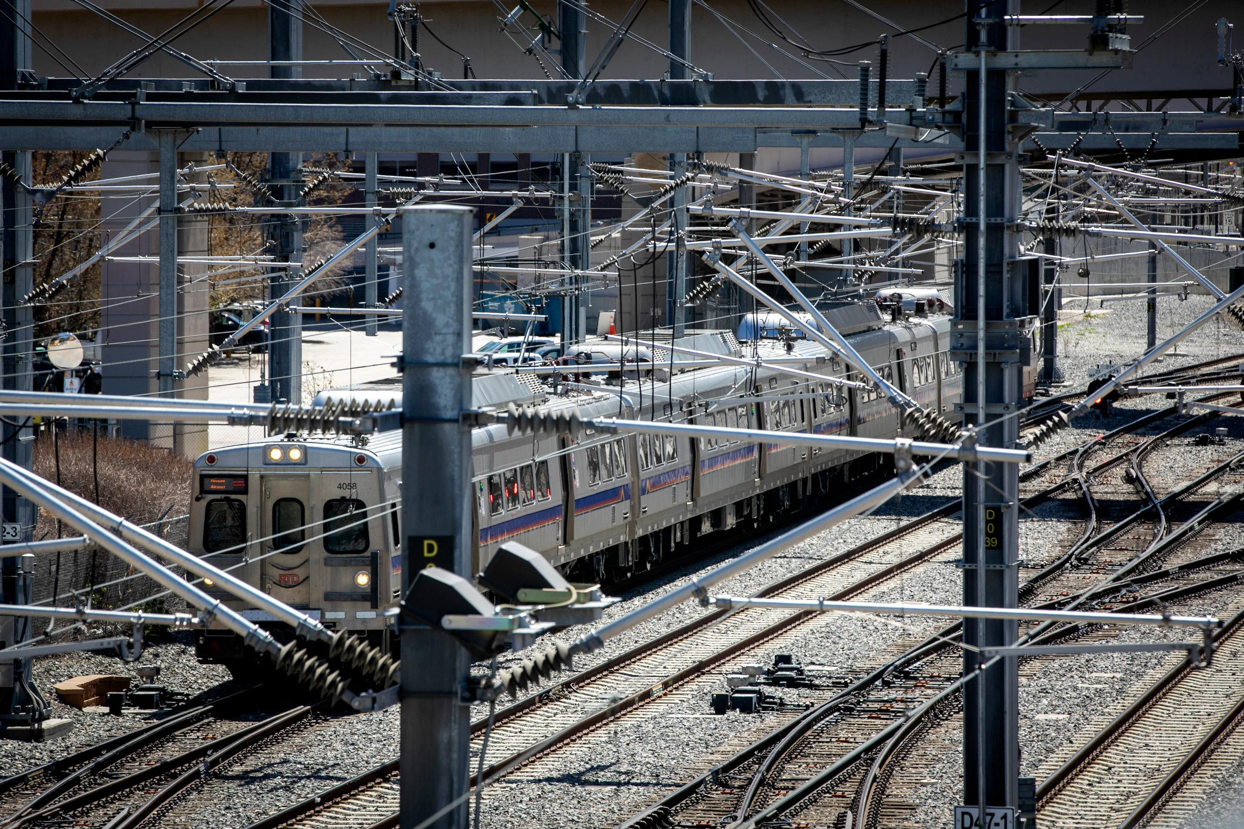 RTD commuter rail trains in downtown Denver