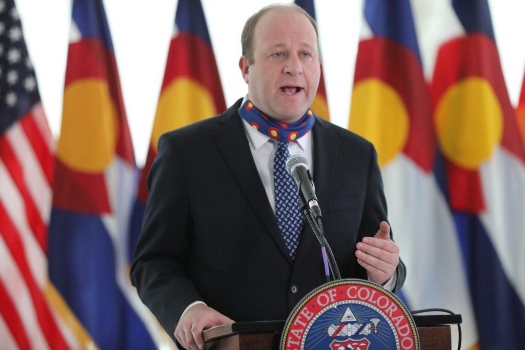 Gov. Jared Polis gets emotional Wednesday, April 15, 2020, during a news update on COVID-29 response.