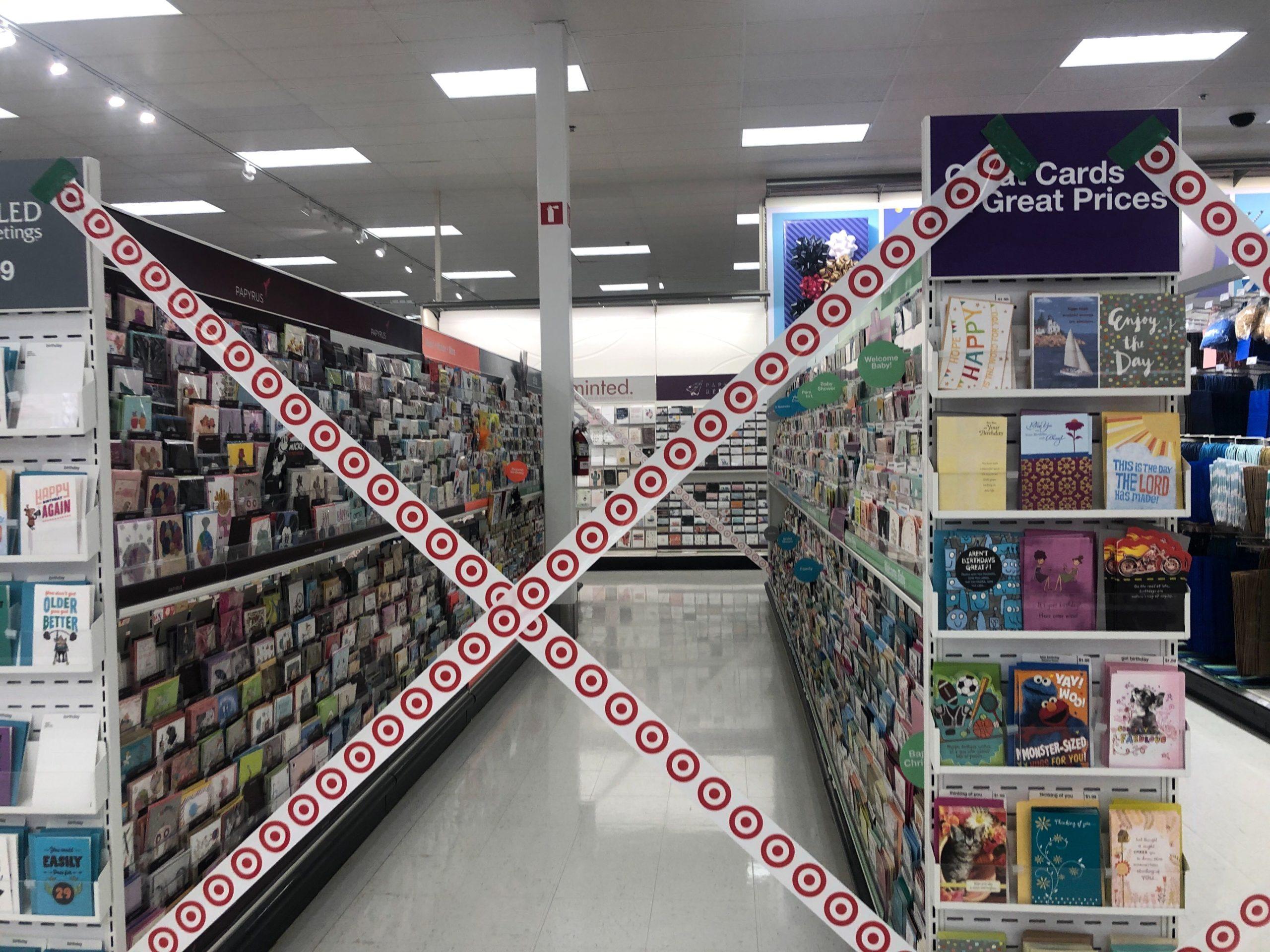 A taped off greeting card aisle in the Silverthorne Target, in March, 2020