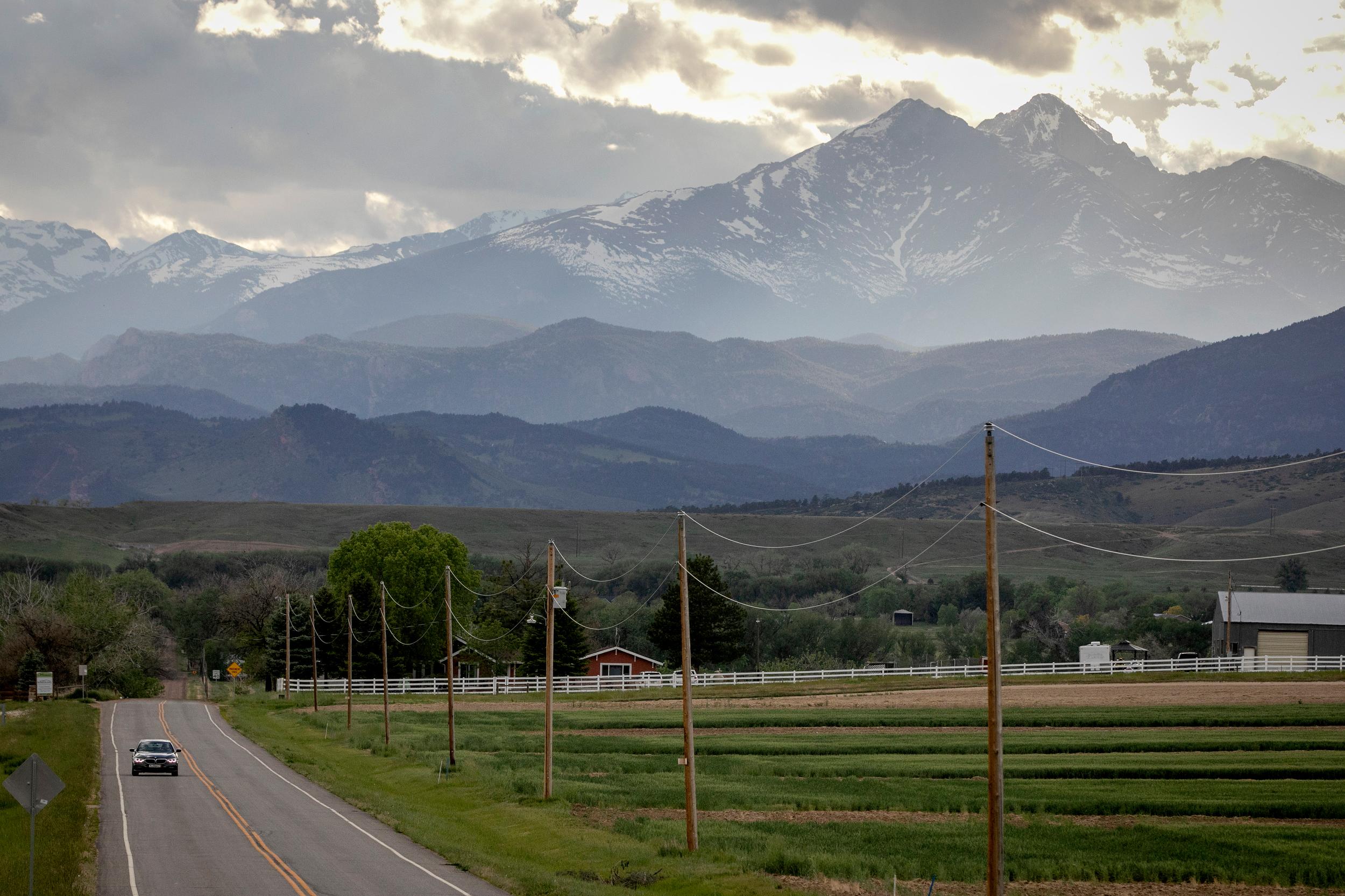 Fourteener Longs Peak Mountain Looms Over Farmland Near Berthoud