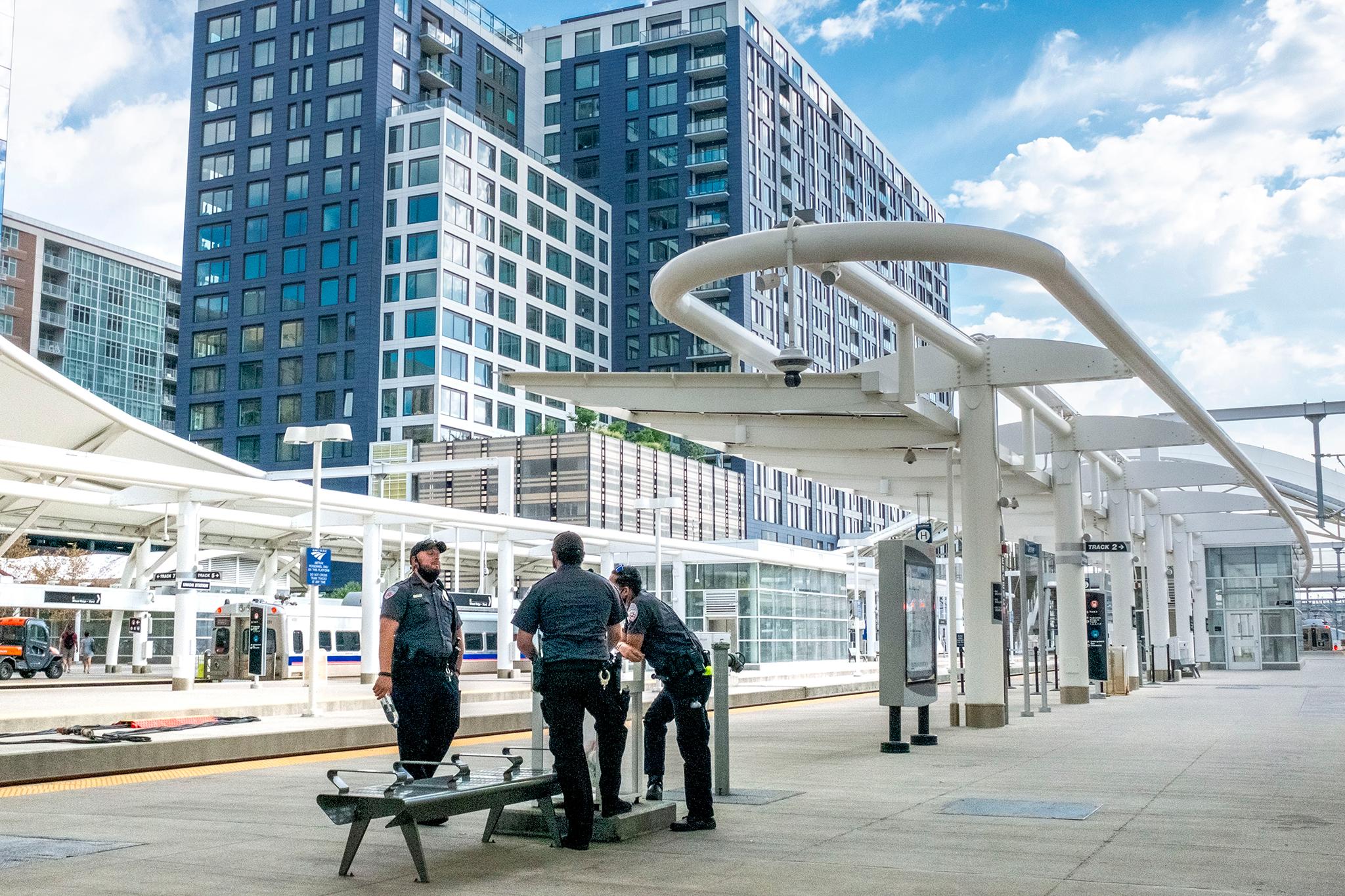 Security officers on duty ay Union Station. Aug. 8, 2020.