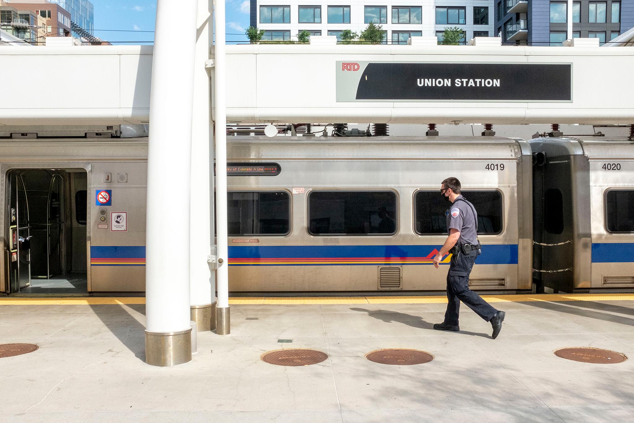 A security officer on duty ay Union Station. Aug. 8, 2020.