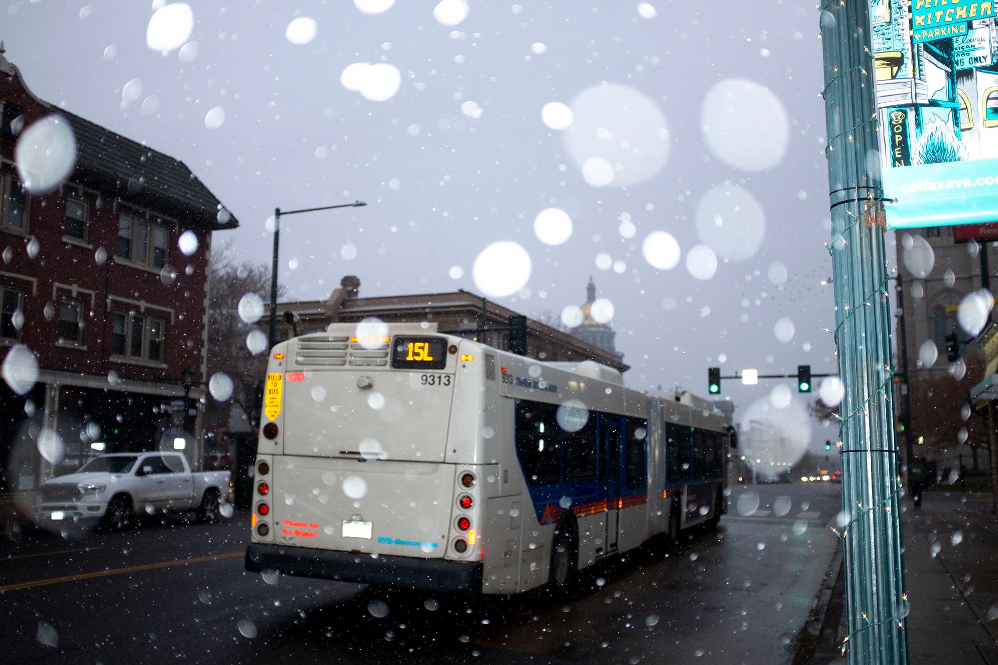 A cold RTD bus on Colfax Avenue. Nov. 25, 2019. (Kevin J. Beaty/Denverite)