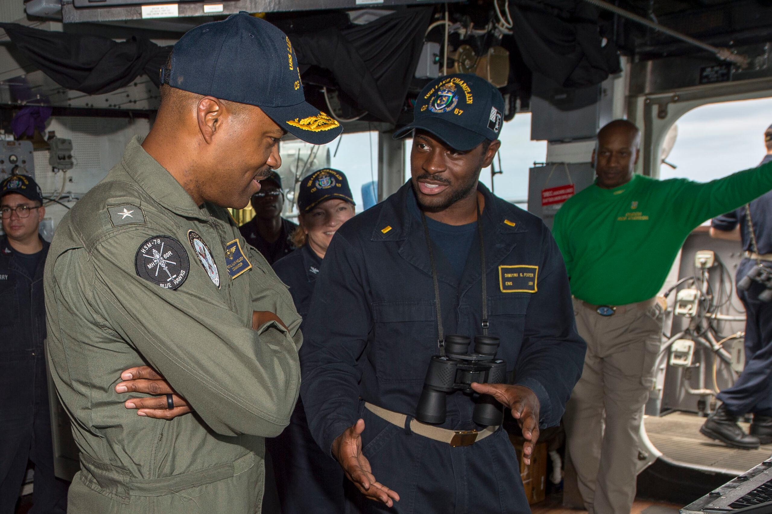 Commander, Carrier Strike Group One, Rear Adm. Alvin Holsey, visits USS Lake Champlain (CG 57)