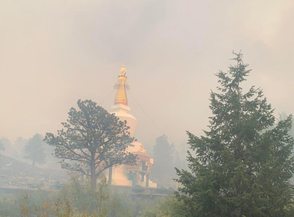 The temple of the Shambala Mountain Center is undamaged on Sept. 27, 2020, after the Cameron Peak fire burned through the area.