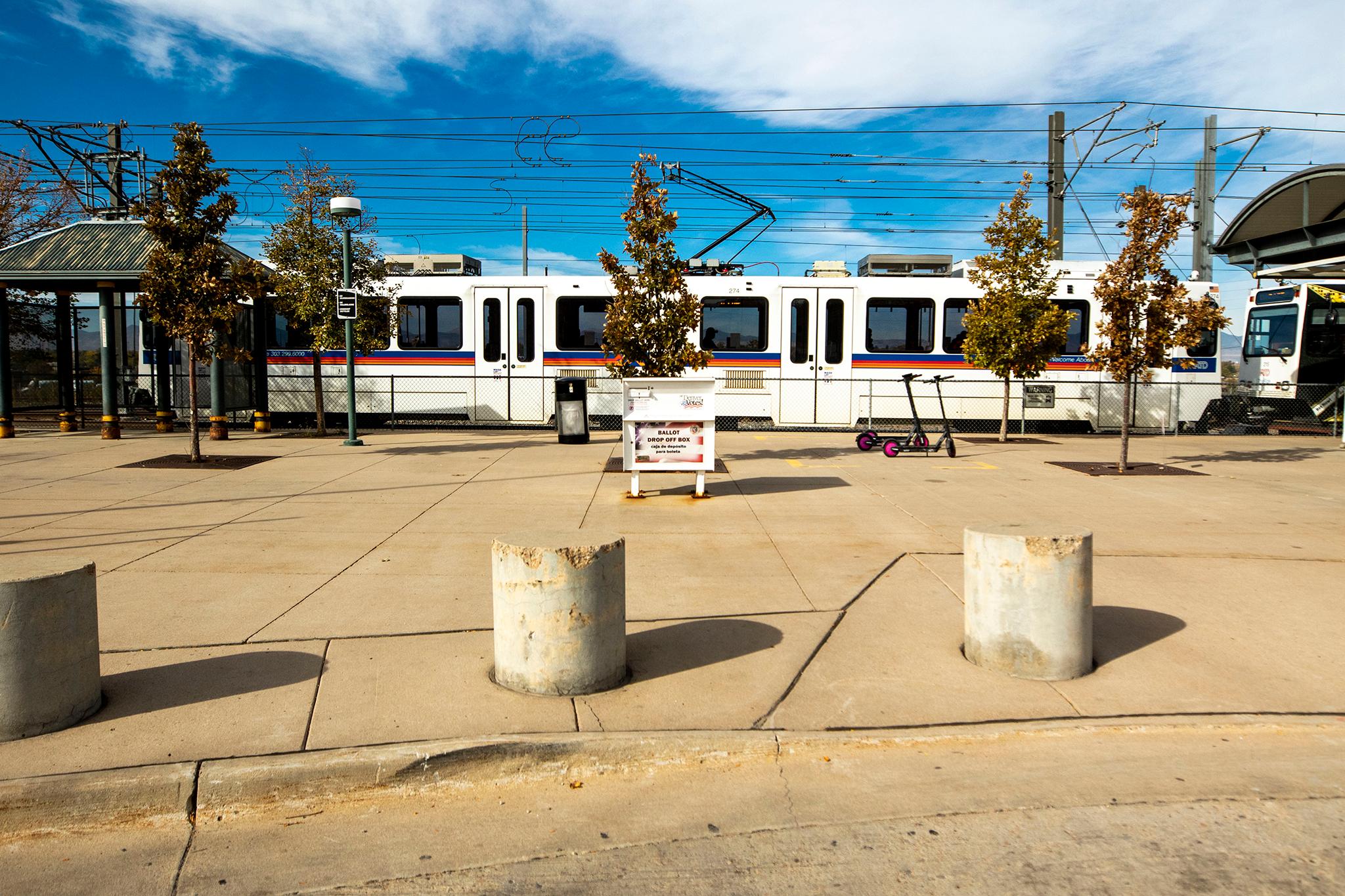 A lonely ballot dropbox at RTD&#039;s station at Broadway and I-25. Oct. 16, 2020.