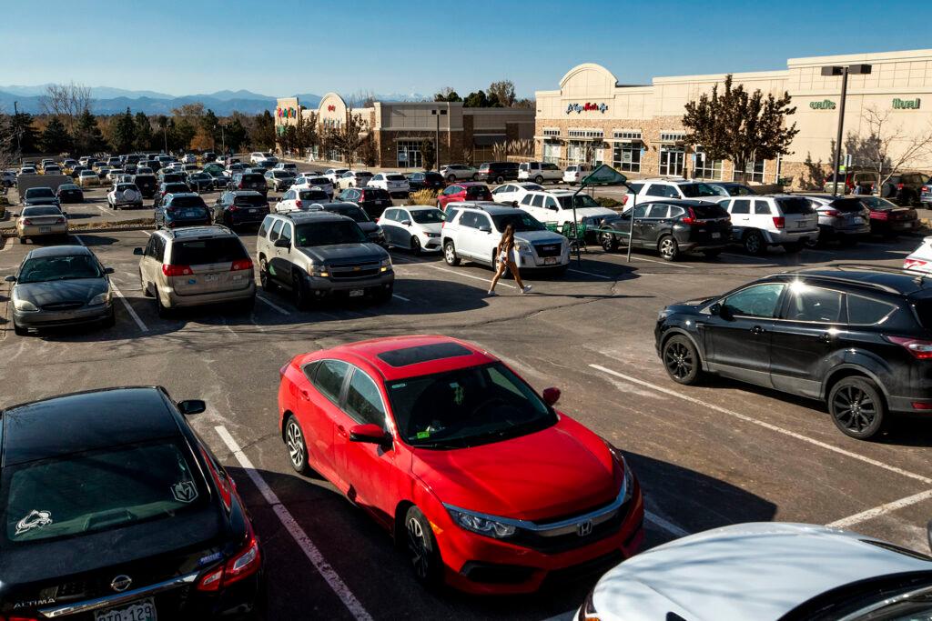 A busy shopping center off County Line Road in Lone Tree. Oct. 31, 2020.