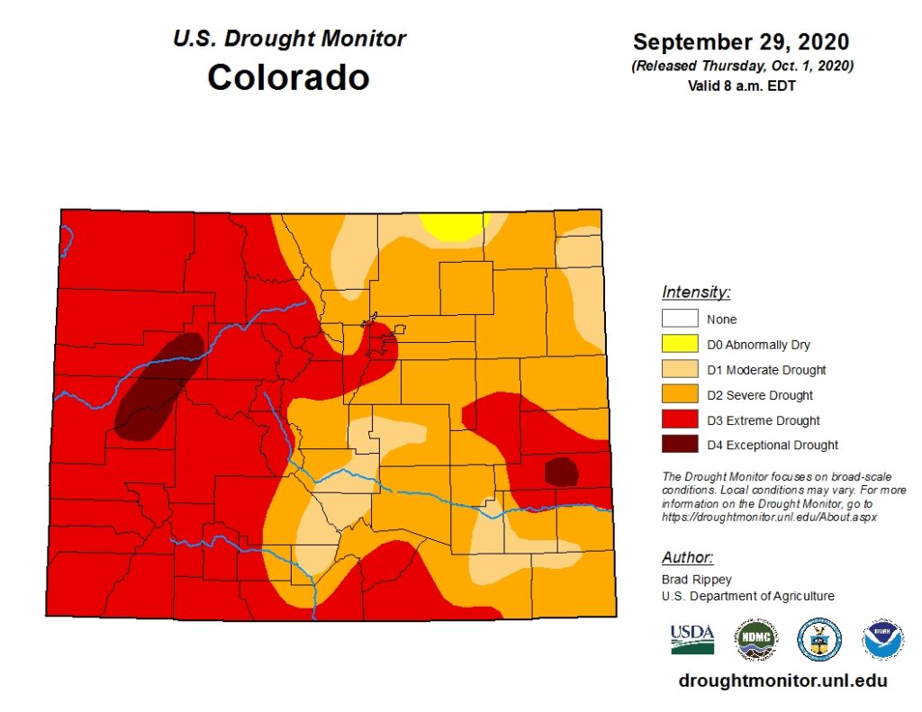 A map of the drought conditions in Colorado as of September 29, 2020