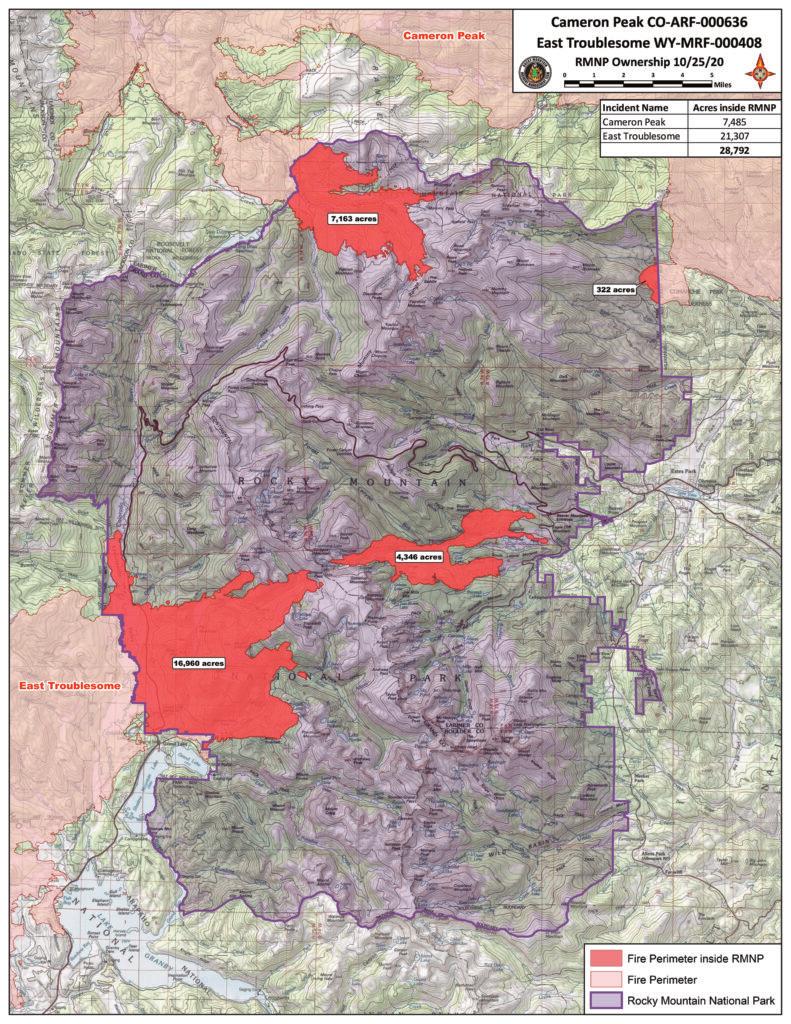 Areas of Rocky Mountain National Park that have burned in the 2020 fire season