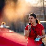 Aracely Navarro addresses acivists gathered at Adams Heights Park in Commerce City to demand accountability for pollution emanating from the Suncor refinery. March 6, 2021.