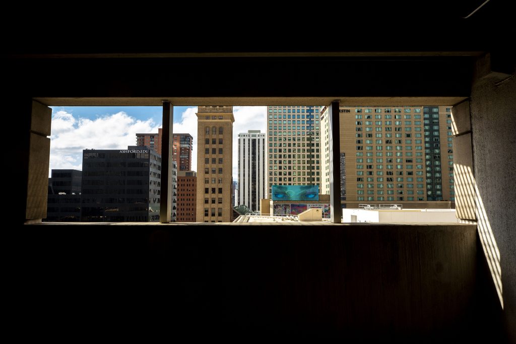 Commercial buildings seen from a downtown Denver parking garage. May 5, 2021.