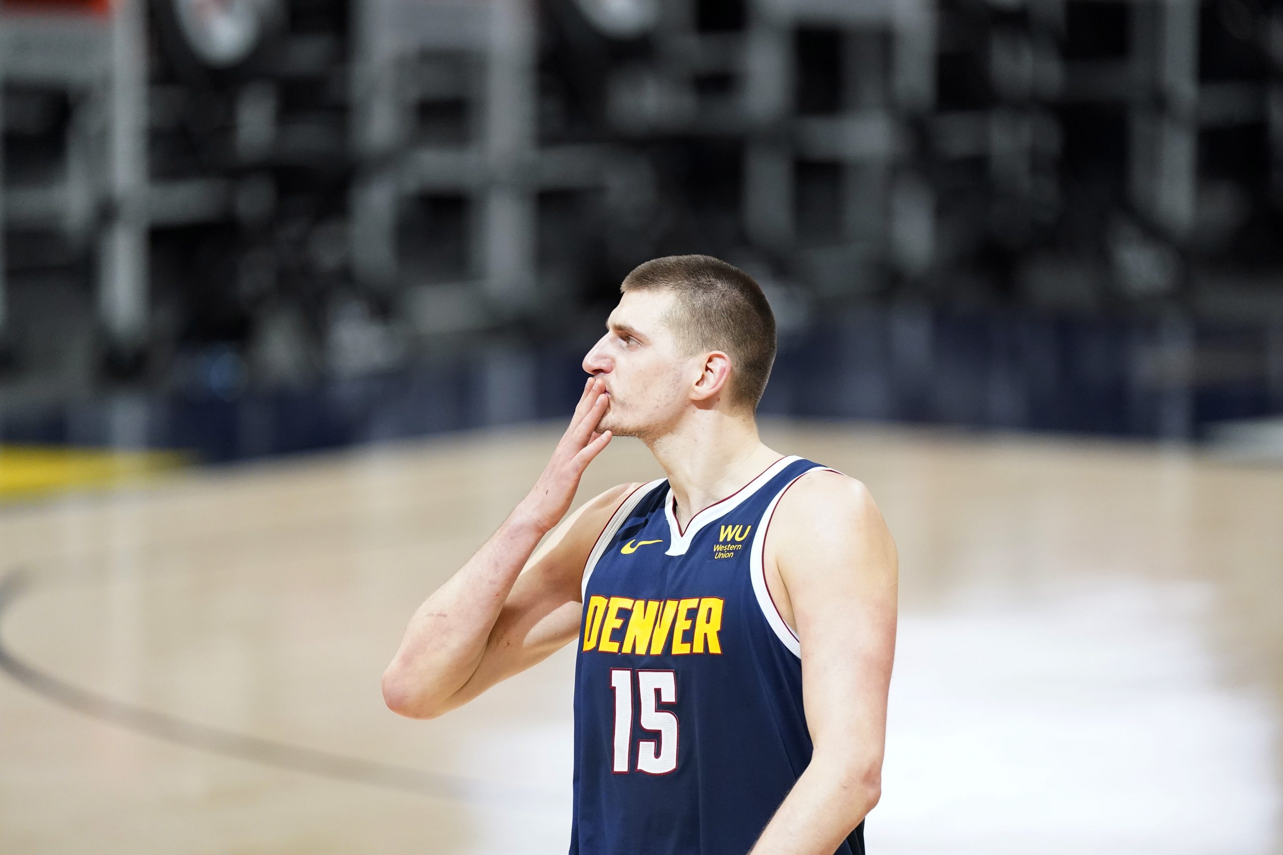 Denver Nuggets center Nikola Jokic after the second overtime of an NBA basketball game in April 2021 in Denver.