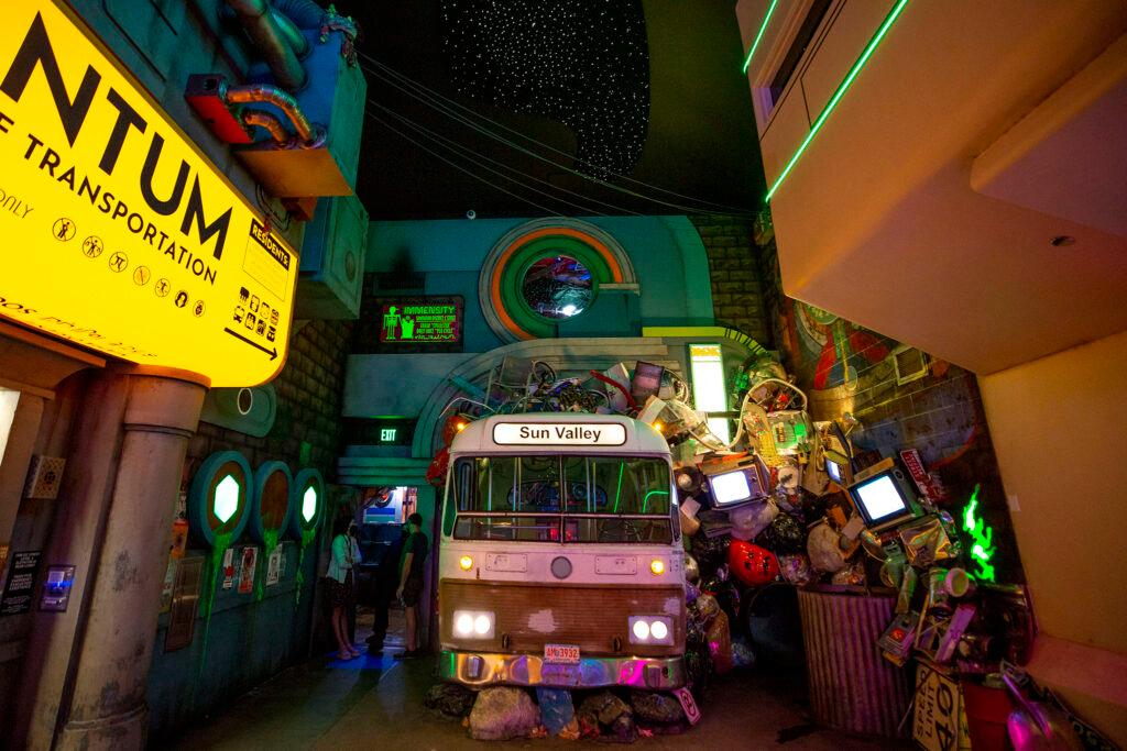 An old RTD bus inside Meow Wolf Denver: Convergence Station. Sept. 13, 2021.