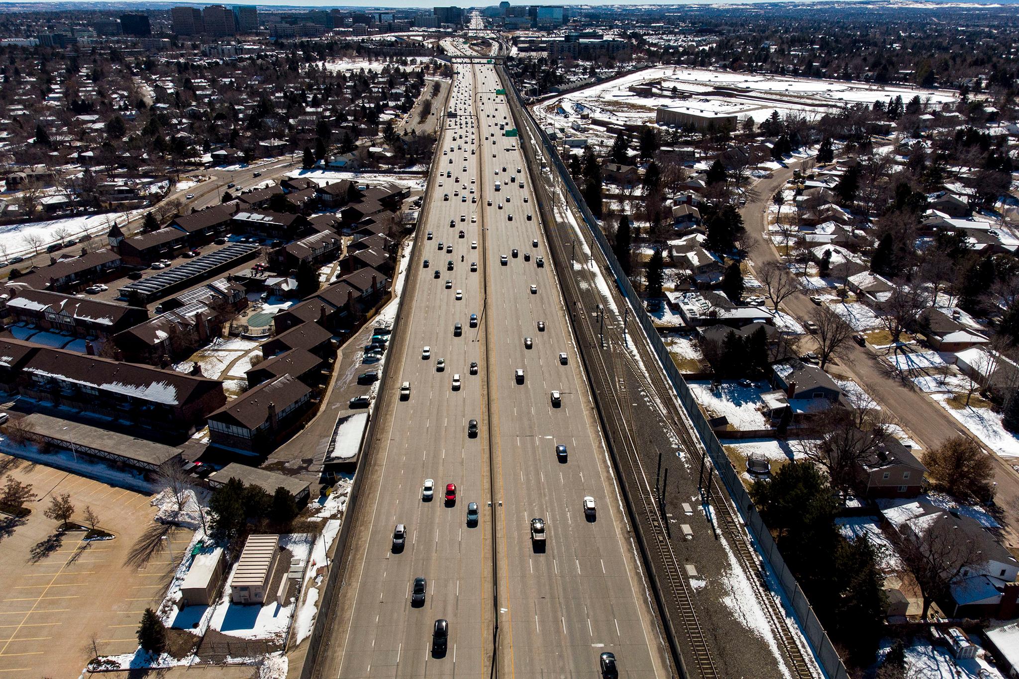 I-25 stretches south from Denver. Feb. 19, 2022.