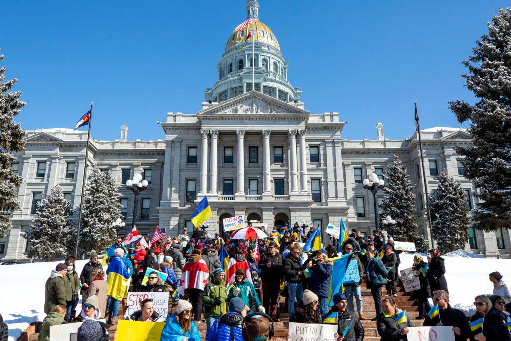 A rally for Ukraine on the Colorado Capitol steps. Feb. 24, 2022.