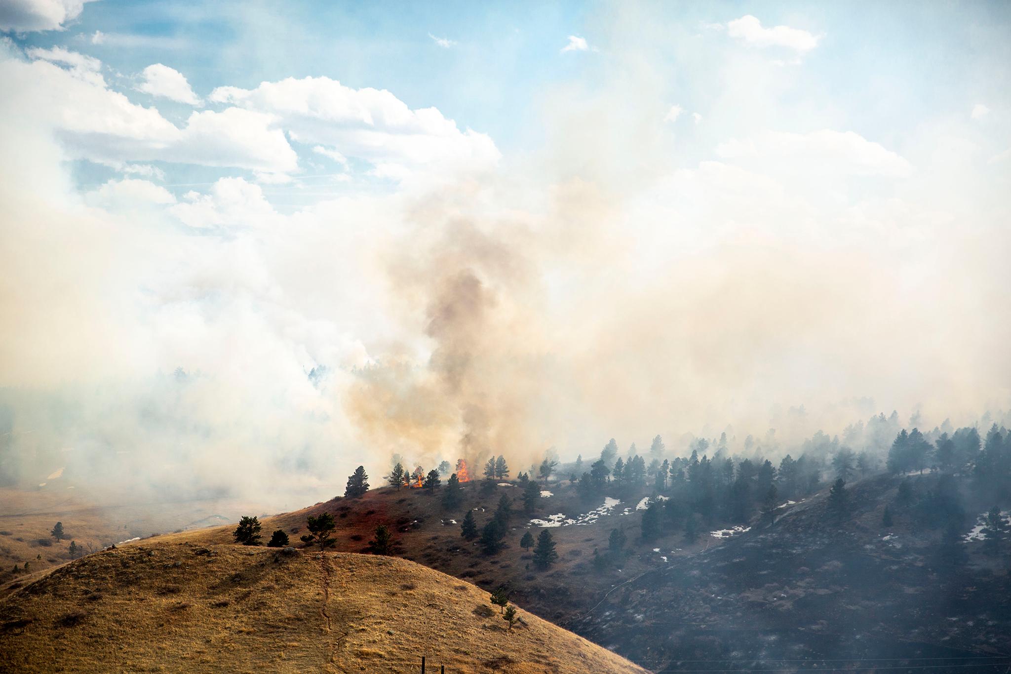 NCAR fire burns near Boulder&#039;s Table Mesa neighborhood. March 26, 2022.