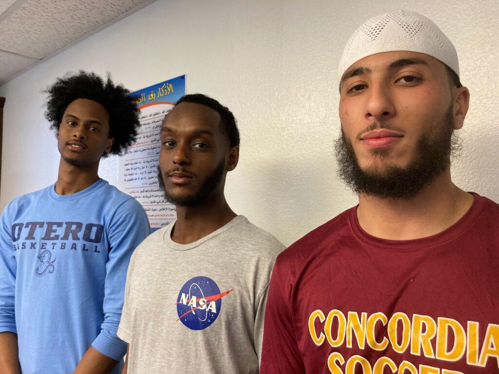 (From Left): Amin Ibrahim, Kamal Mahamed and Albara Mutleq pose for a photo at the Islamic Outreach Center in Denver.