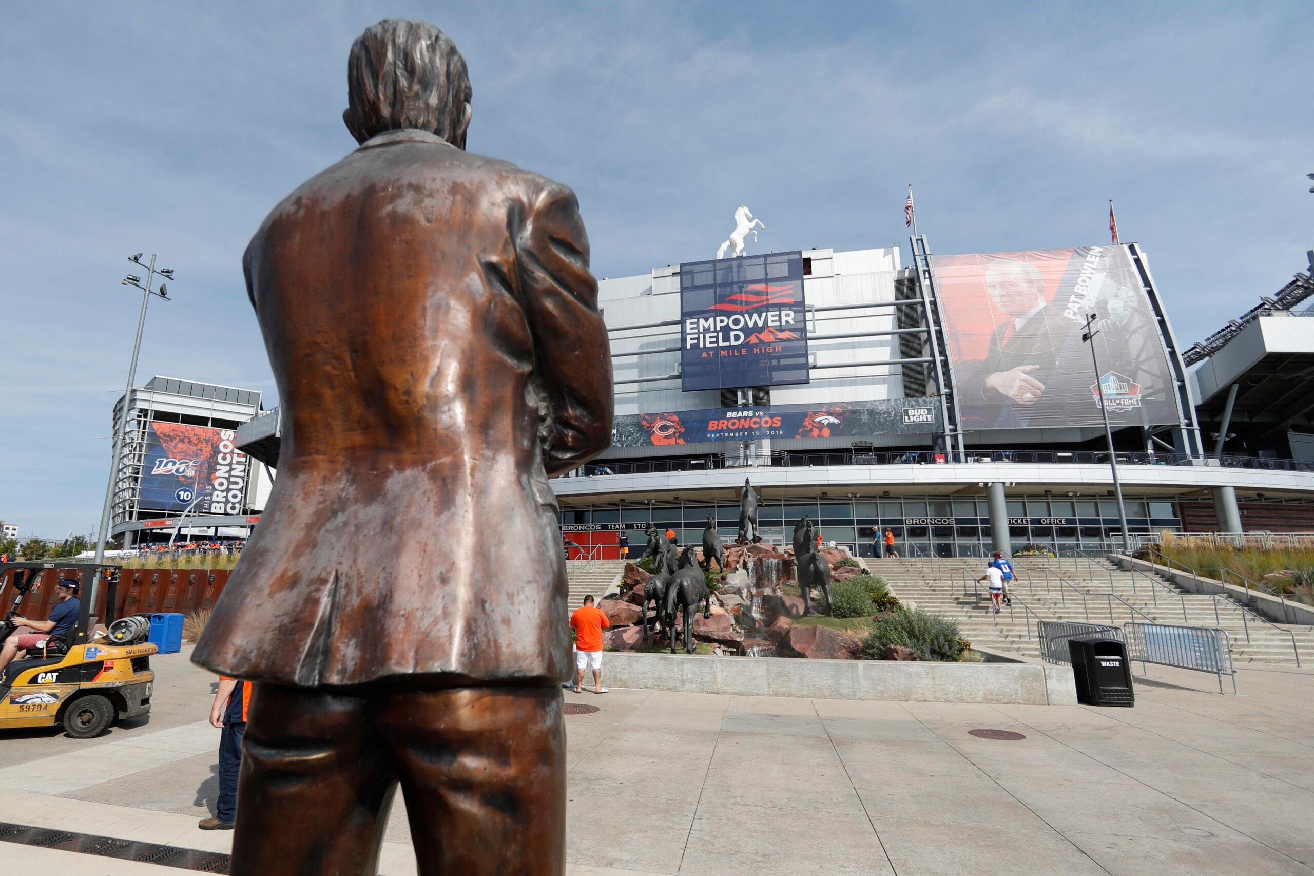 Fans arrive at Empower Field at Mile High prior to an NFL football game between the Chicago Bears and the Denver Broncos, Sunday, Sept. 15, 2019, in Denver.