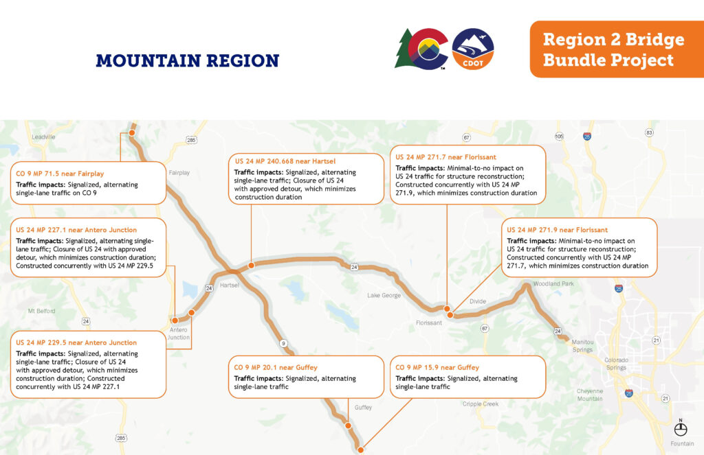 A map of bridges to be replaced in the mountain region of southern Colorado.