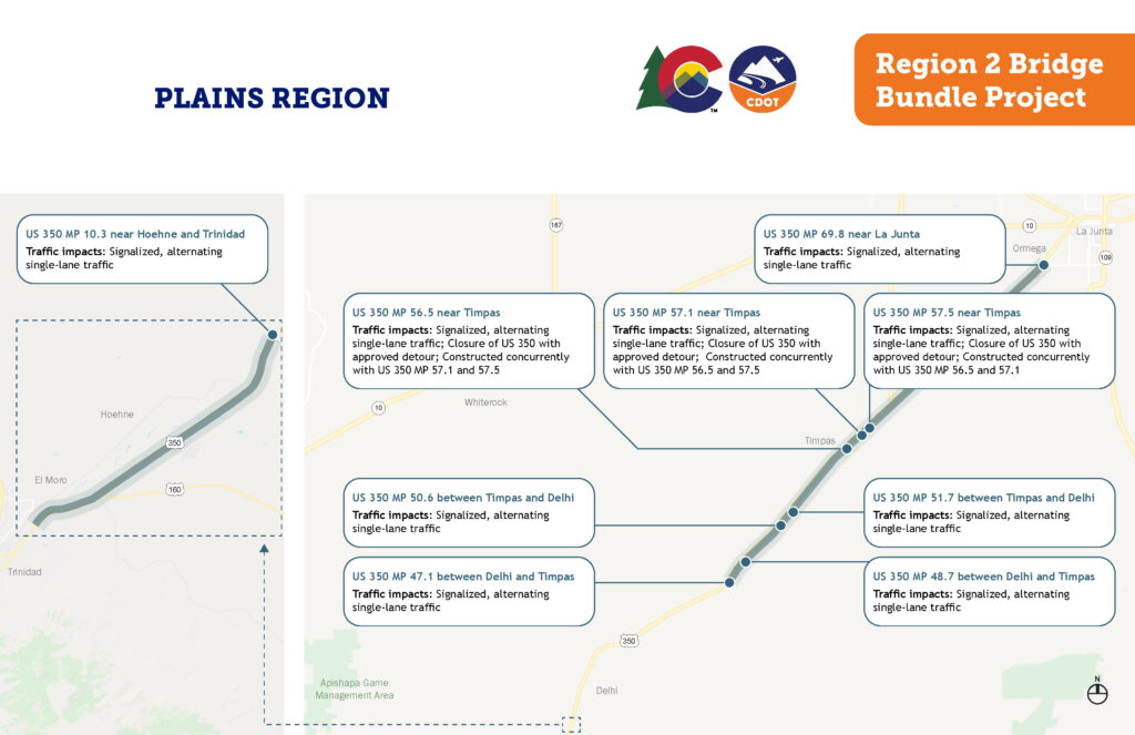 A map of bridges to be replaced in the plains region of southern Colorado.