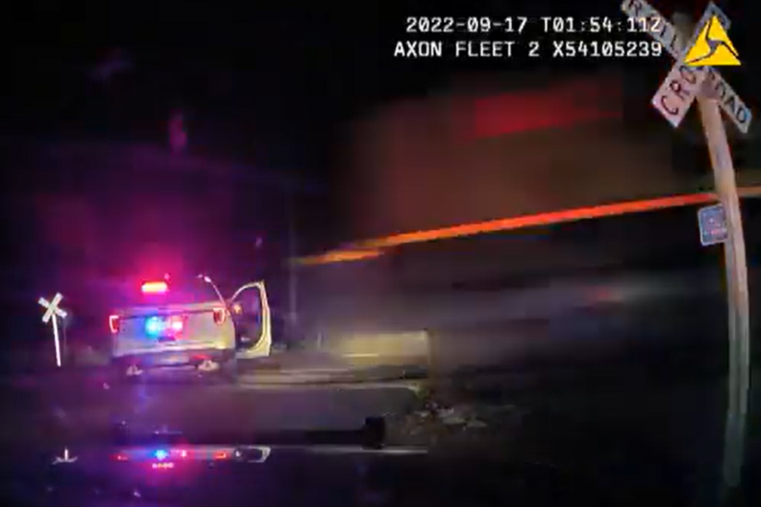 Police body camera video from Saturday, Sept. 17, 2022, shows police illegally parked on train tracks in Weld County.