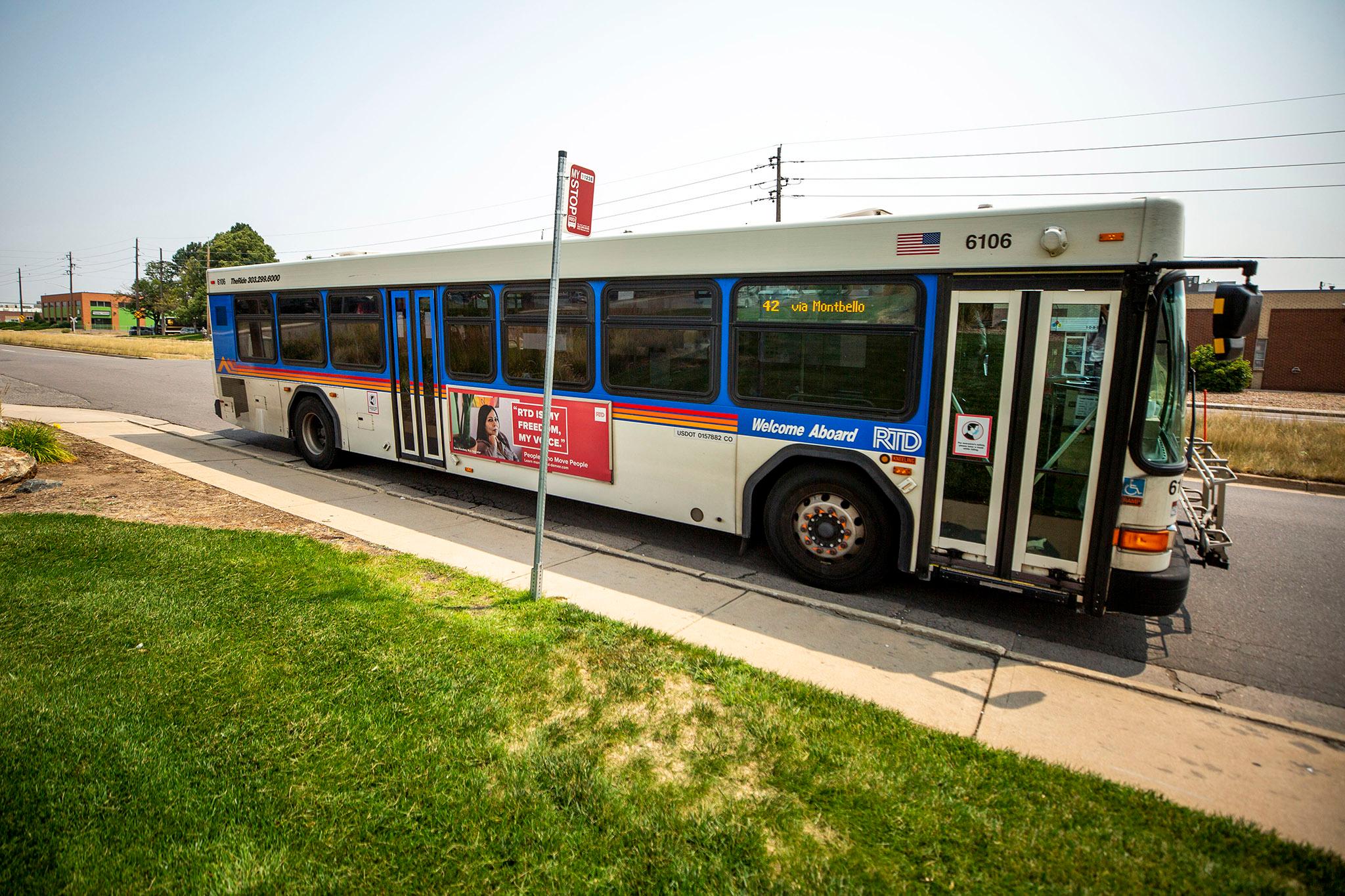 An RTD bus pulls away from a stop on 47th Avenue in Montbello. Aug. 10, 2021.