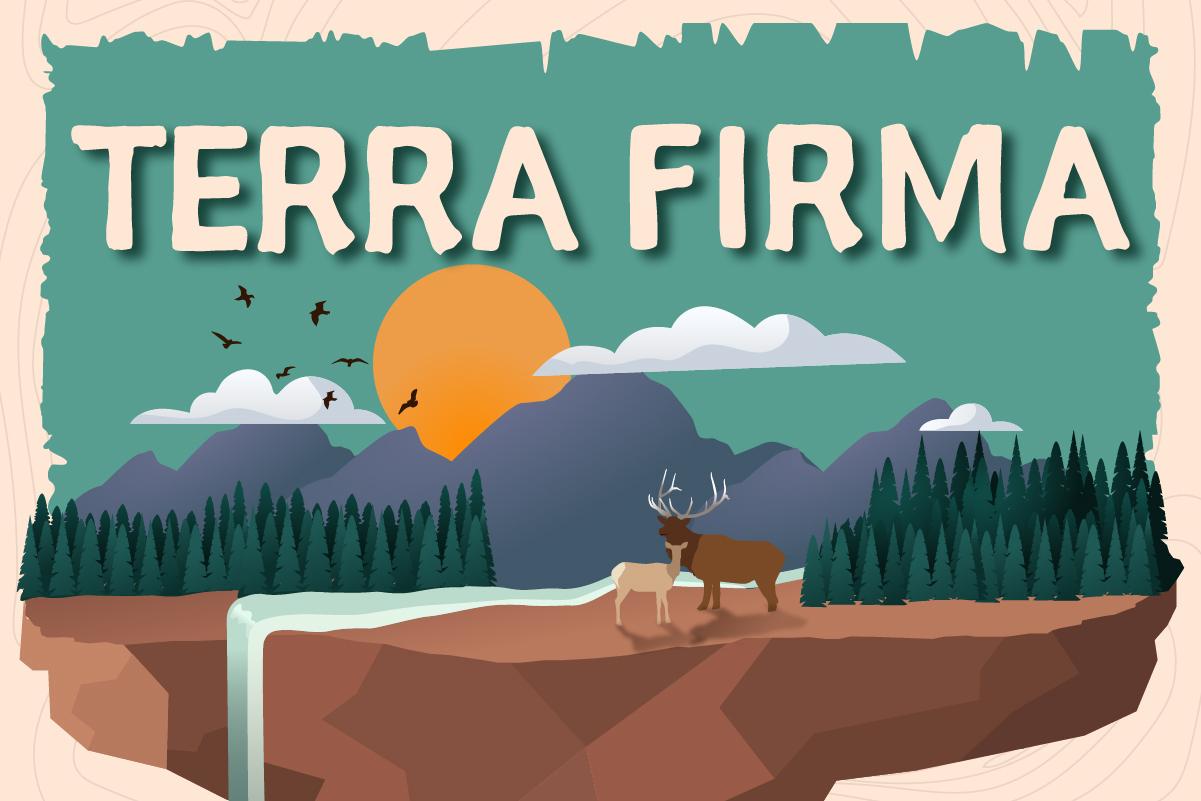 Art showing mountains, trees, elk, sky and waterfall - logo for Terra Firma podcast