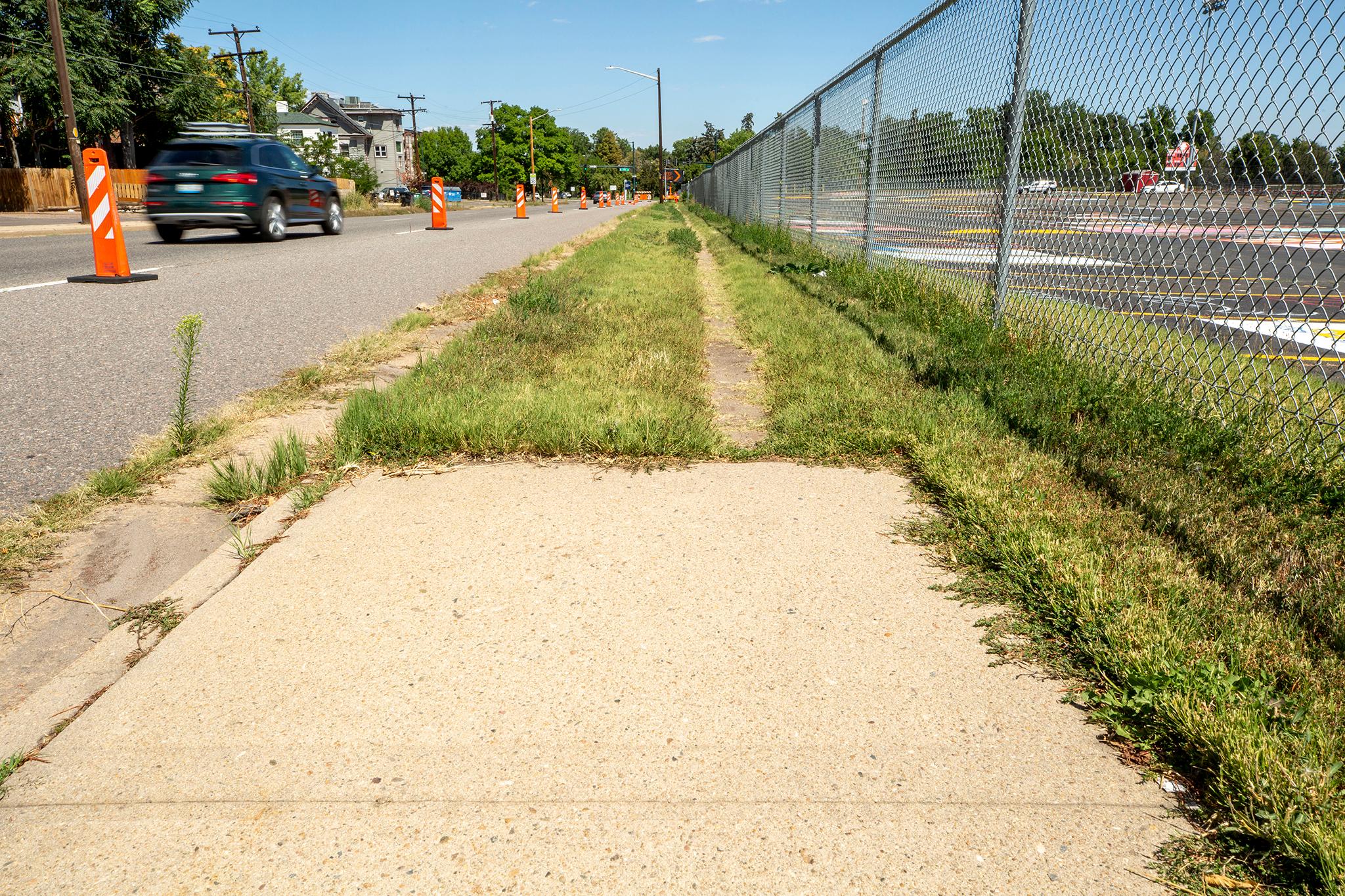 A sidewalk ends on Josephine Street by East High School. Aug. 24, 2021.