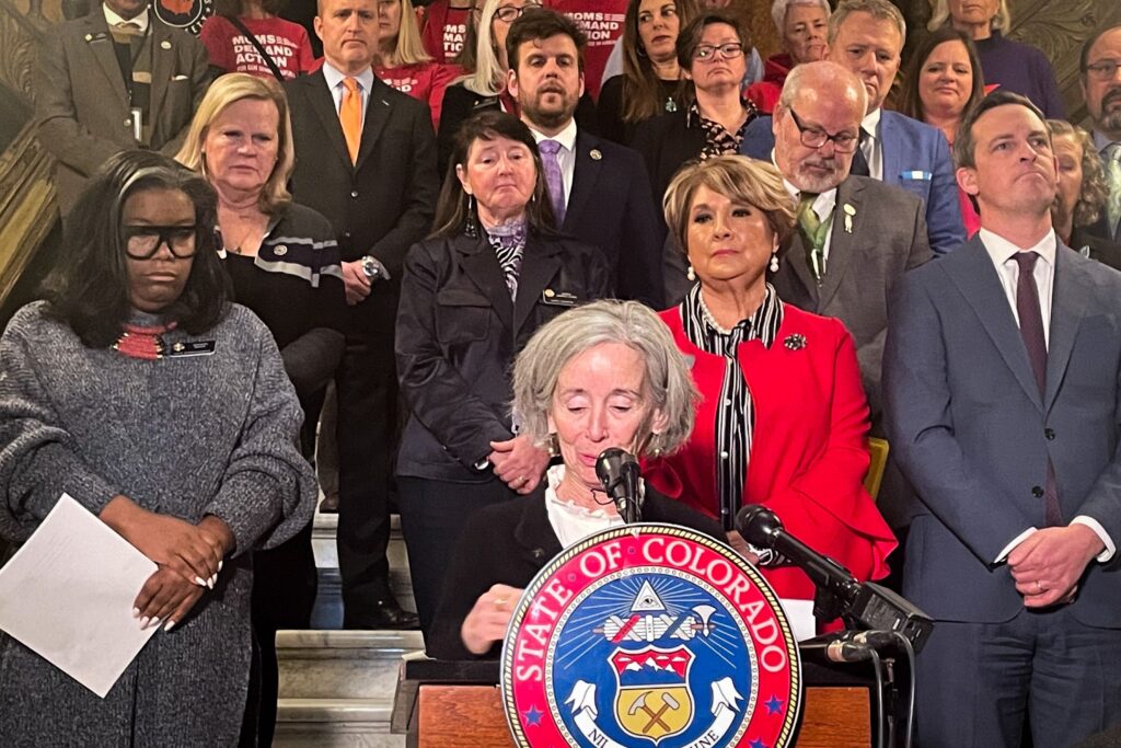 Democratic Rep. Judy Amabile speaks at the Colorado Capitol during a news conference unveiling a package of gun bills on Thursday, Feb. 23, 2023. Amabile is a lead sponsor on HB-1219.