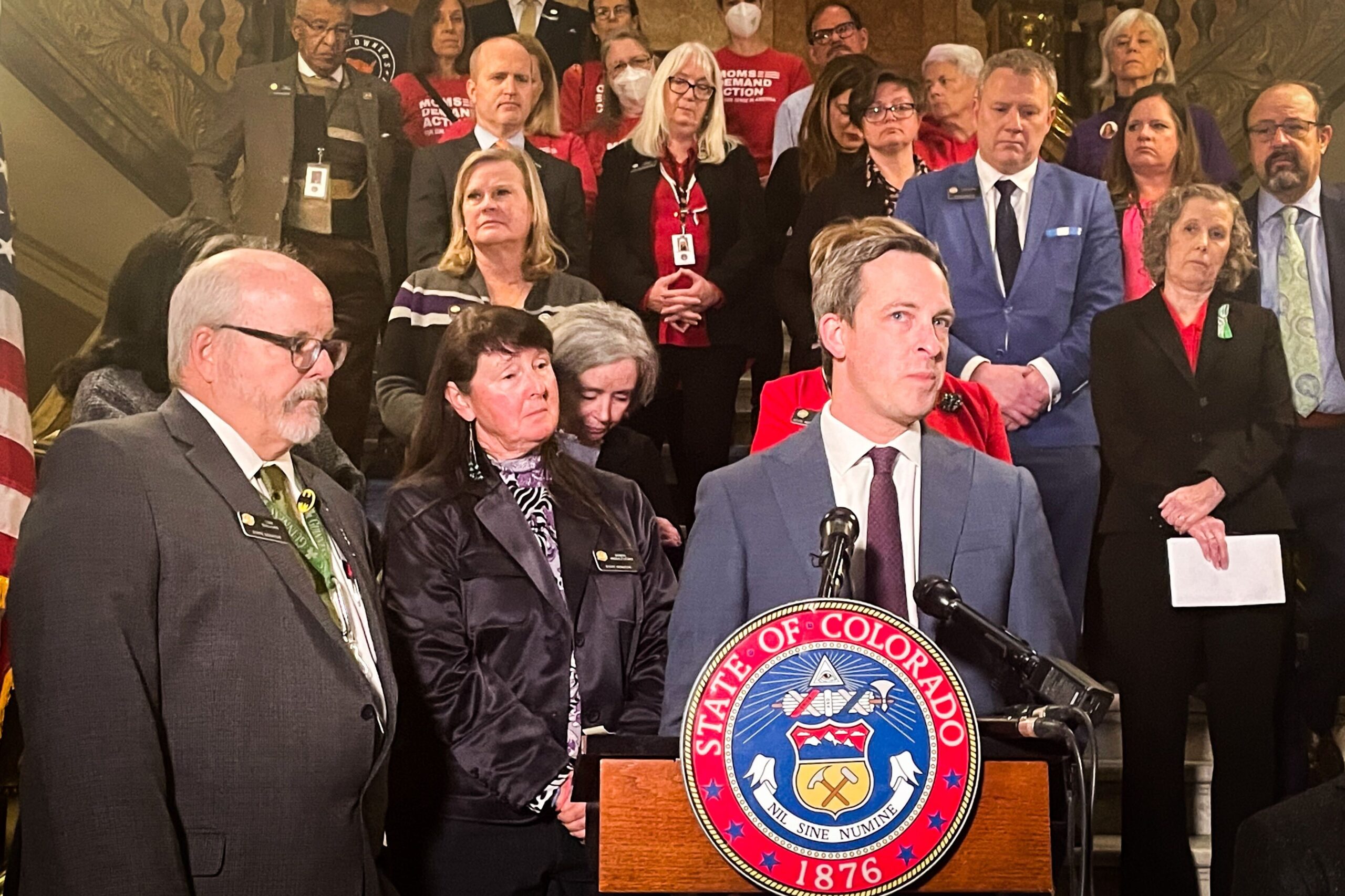Senate President Steve Fenberg speaking at the Colorado Capitol during a news conference unveiling a package of gun bills from Democrats on Thursday, Feb. 23, 2023.