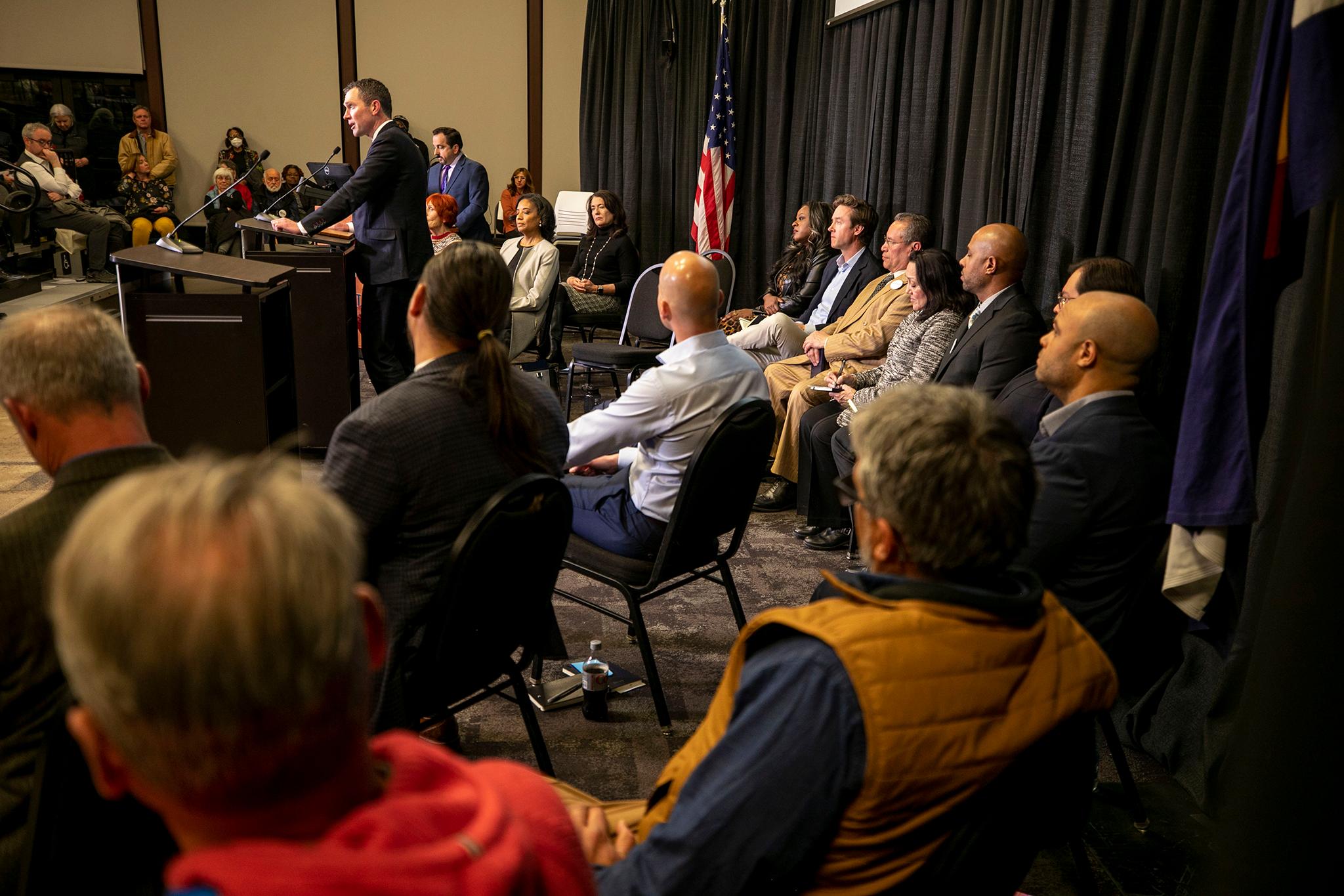 Chris Hansen speaks during a mayoral debate at Regis University. Feb. 9, 2023.
