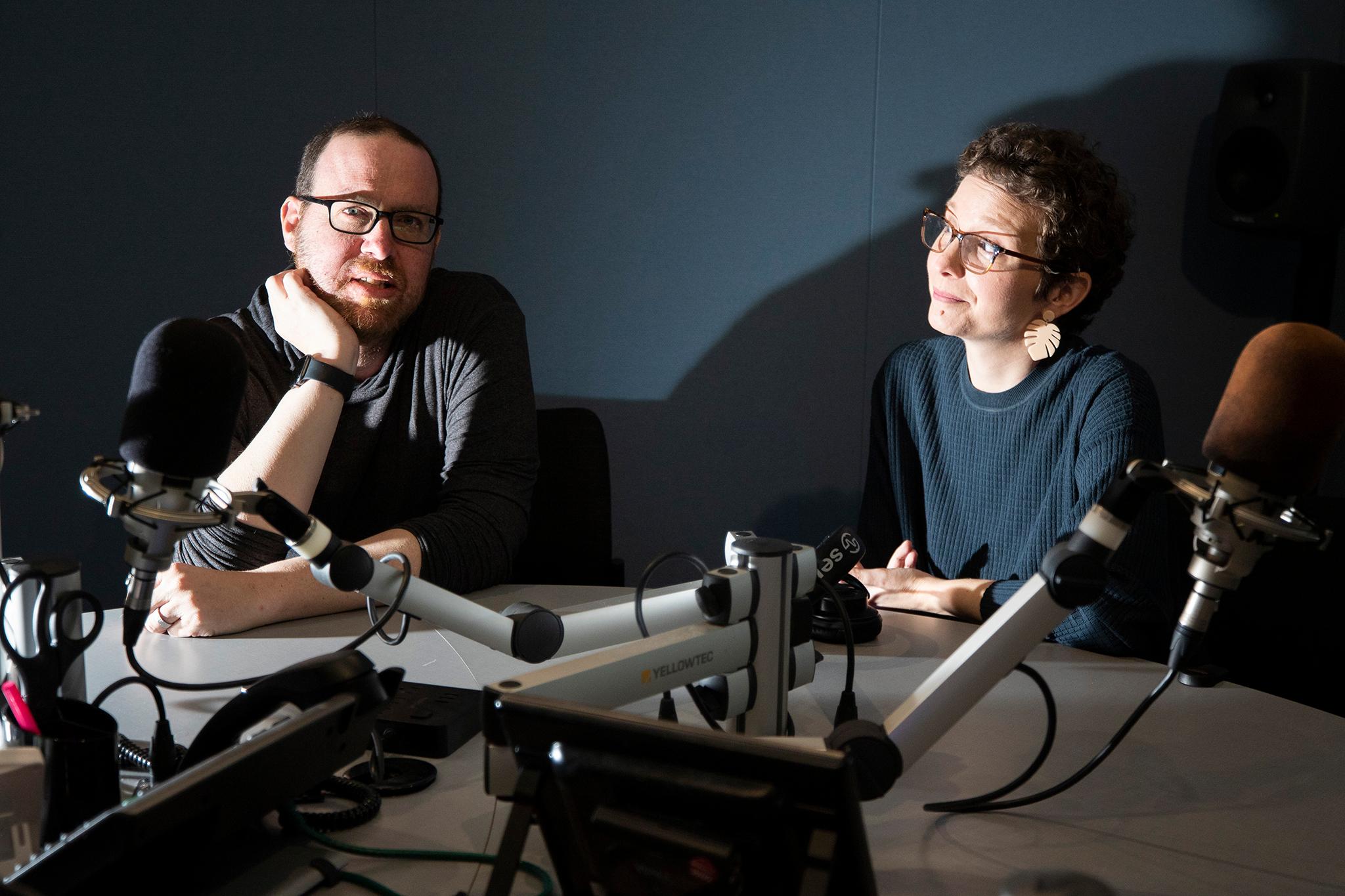 Erik Stanley (left) and Kacie Peters in CPR&#039;s recording studio. March 10, 2023.