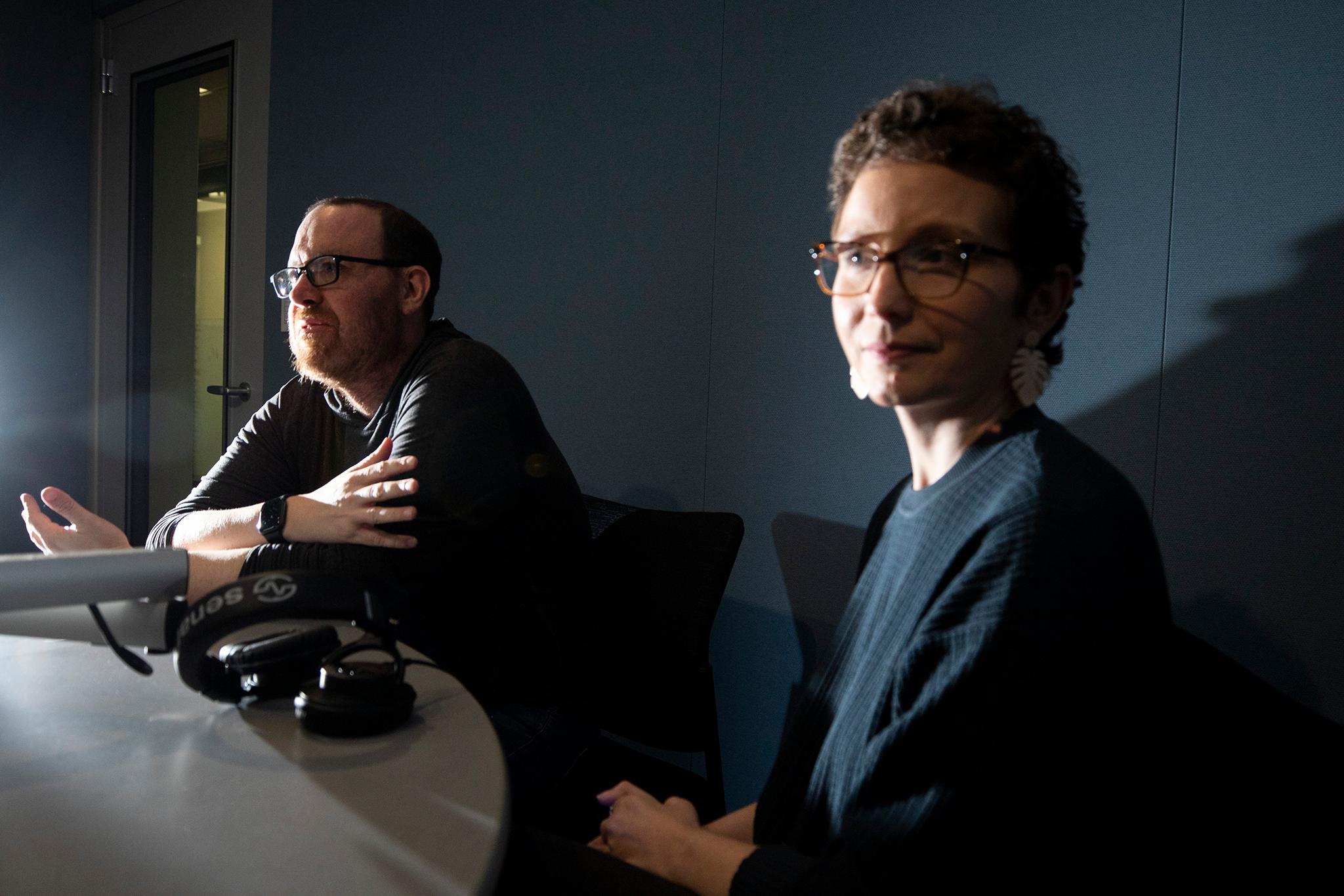 Erik Stanley (left) and Kacie Peters in CPR&#039;s recording studio. March 10, 2023.