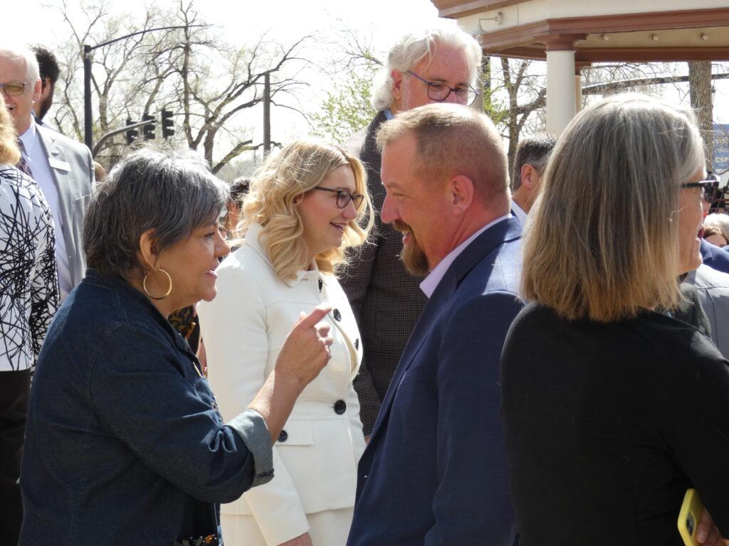 Freshly sworn-in councilmembers Michelle Talarico, Lynette Crow-Iverson and David Leinweber meet and chat with constituents after the ceremony in downtown Colorado Springs on April 18th, 2023.