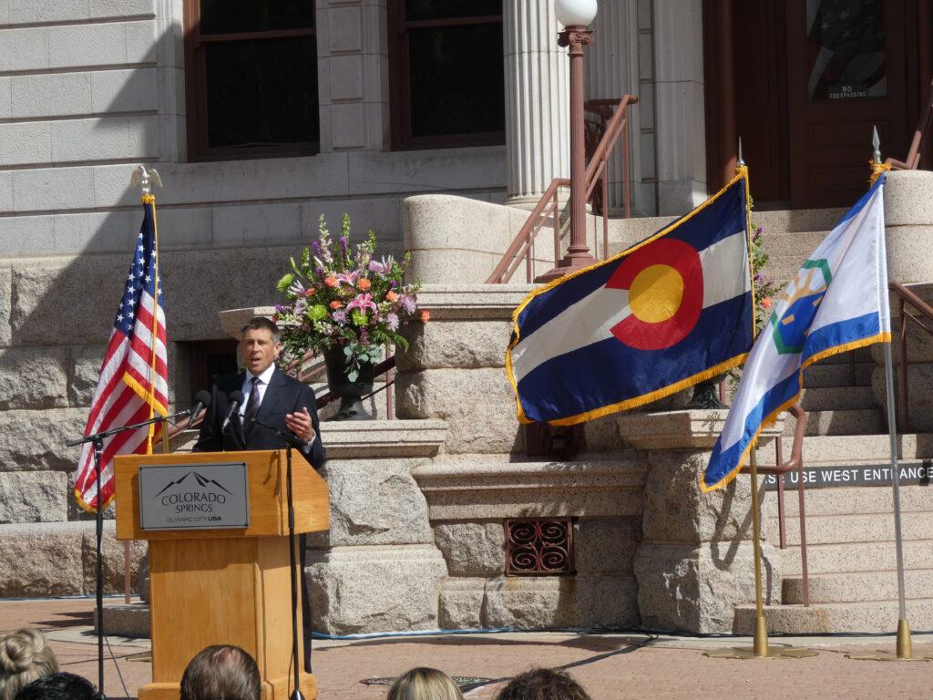 At-large council member Brian Risley delivers a speech in front of the Colorado Springs Pioneers Museum after being sworn in on April 18th, 2023.