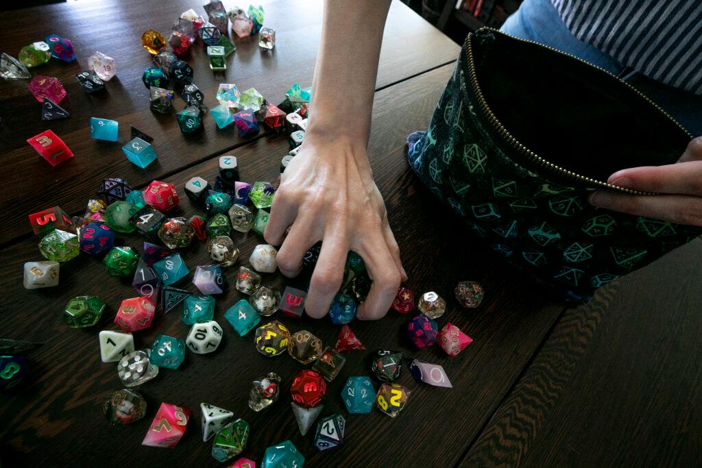 Ginny Di's Denver home is filled with gaming dice. May 3, 2023.