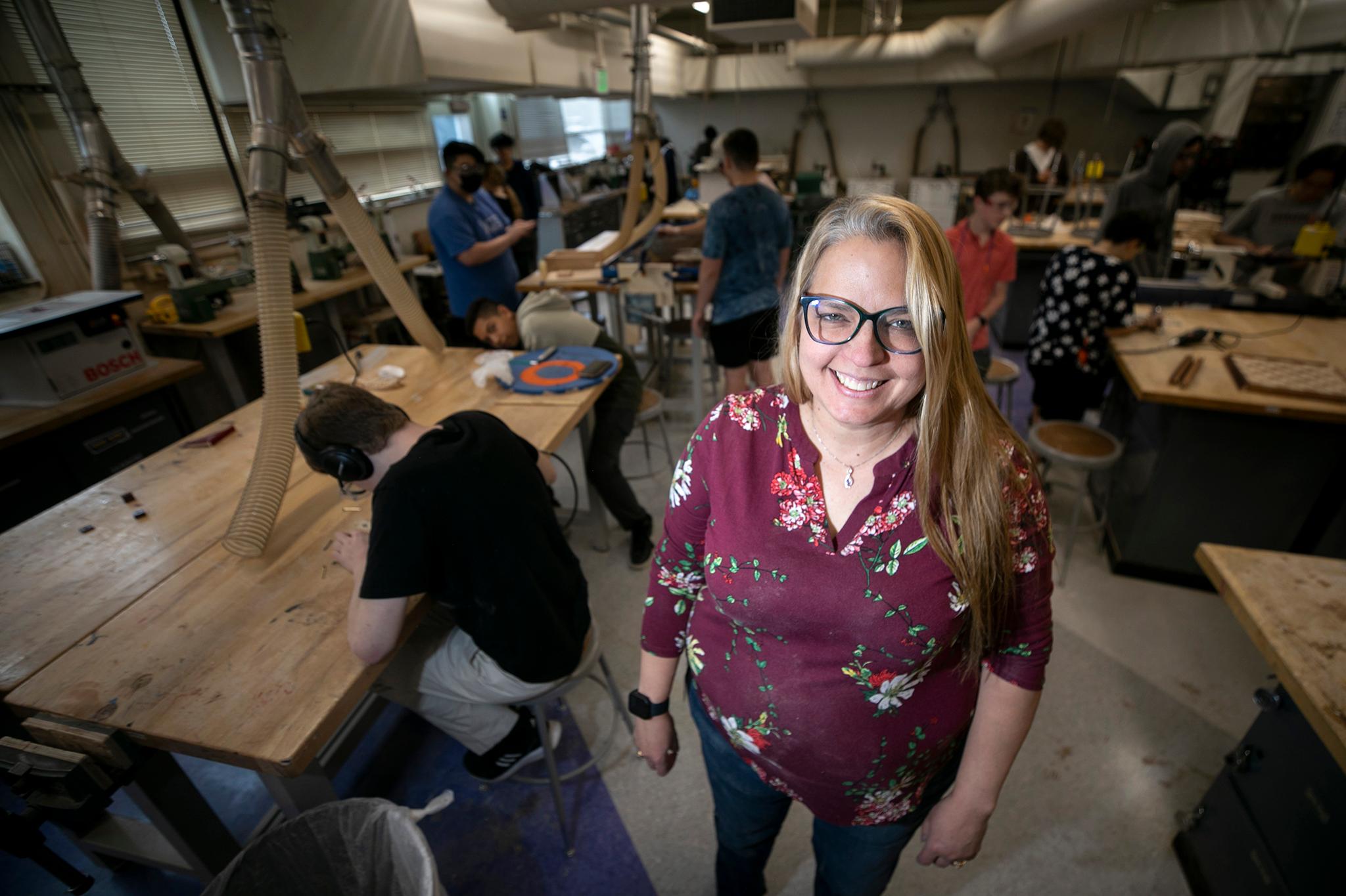 Pamela Wilkins in her woodworking class at Littleton High School. May 4, 2023.